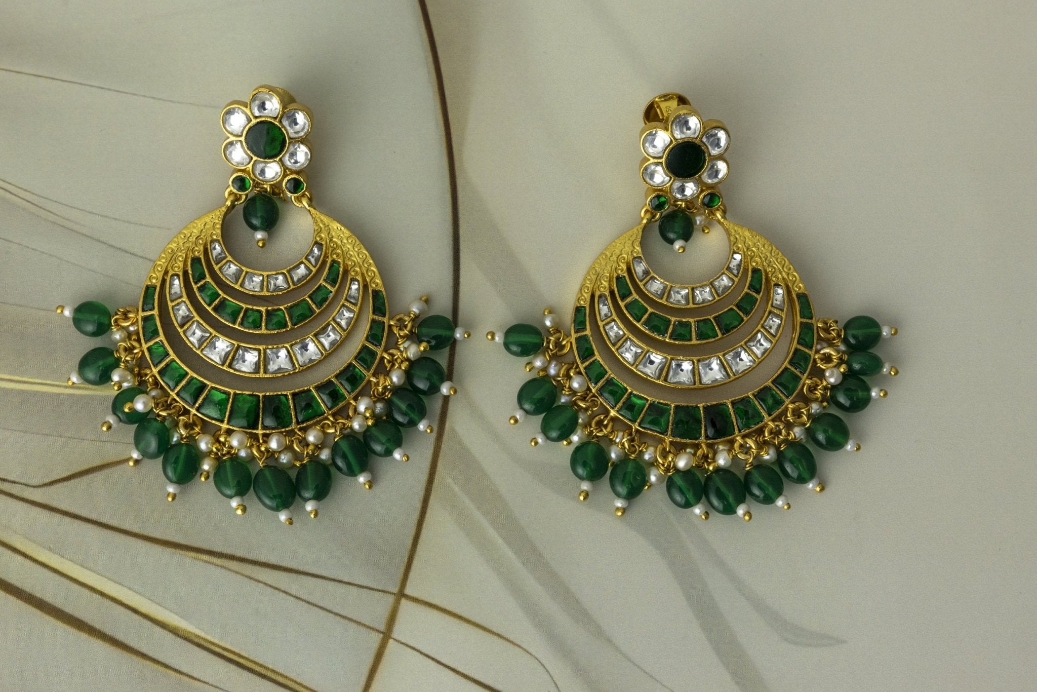 Emerald Green & Gold Kundan - Style Chandbali Earrings - Miraura Jewels