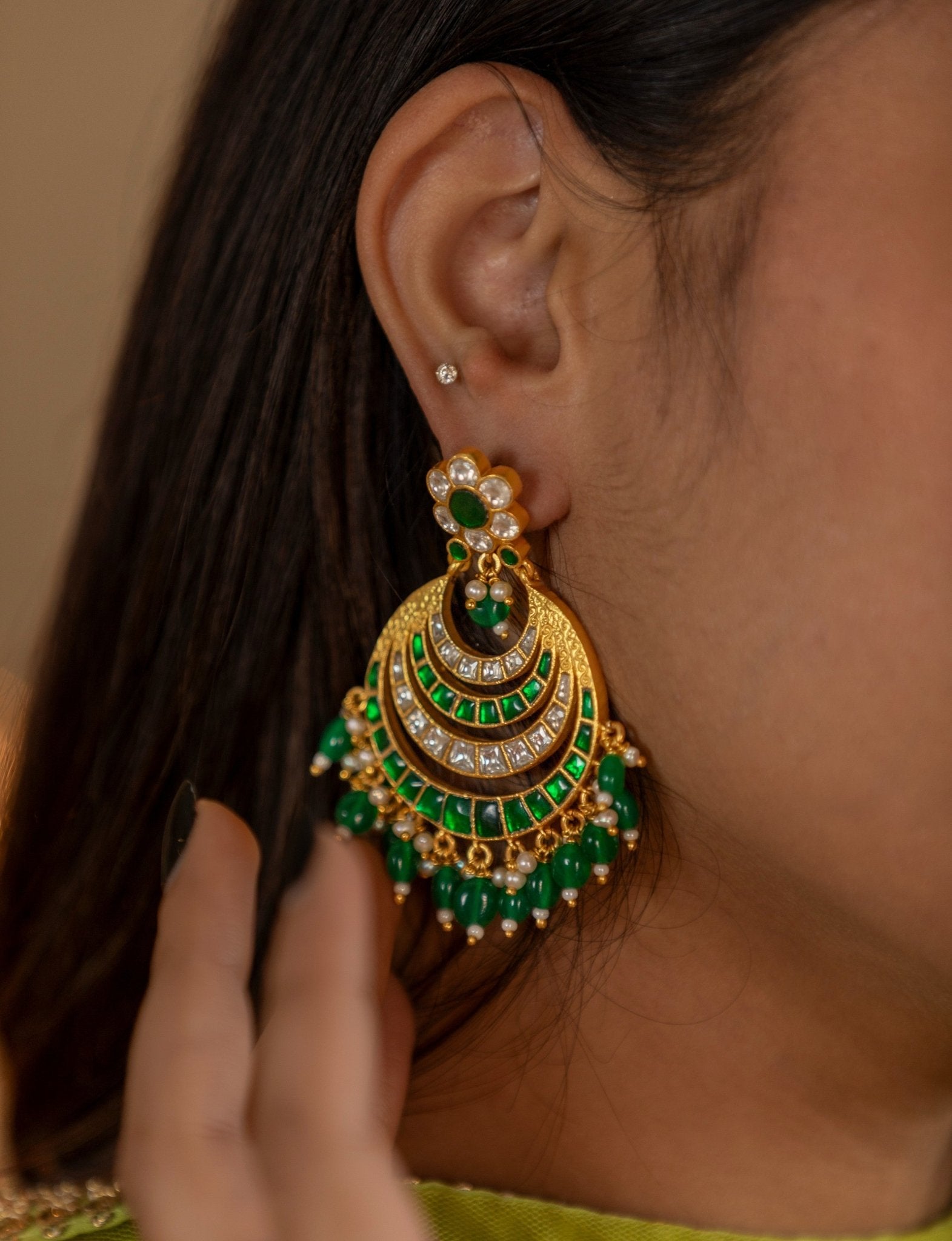 Emerald Green & Gold Kundan - Style Chandbali Earrings - Miraura Jewels
