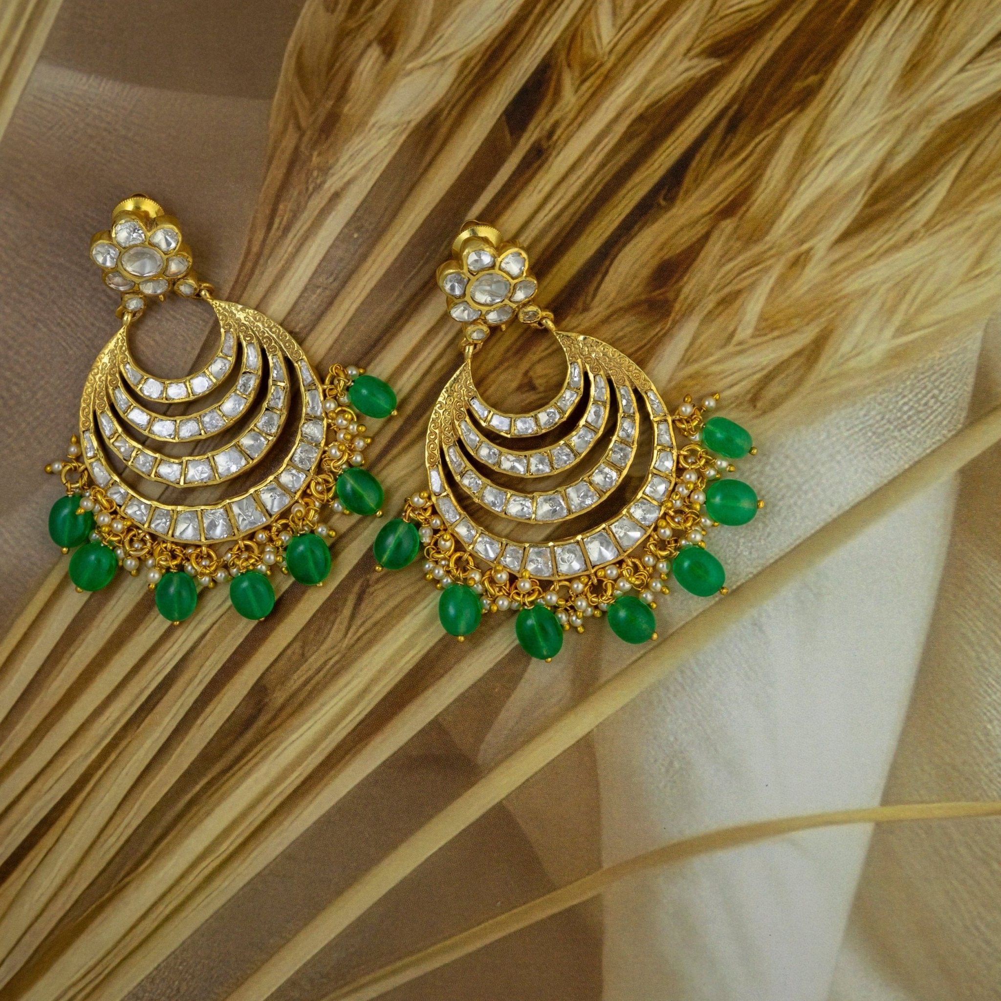 Emerald Green & Gold Kundan - Style Chandbali Earrings - Miraura Jewels