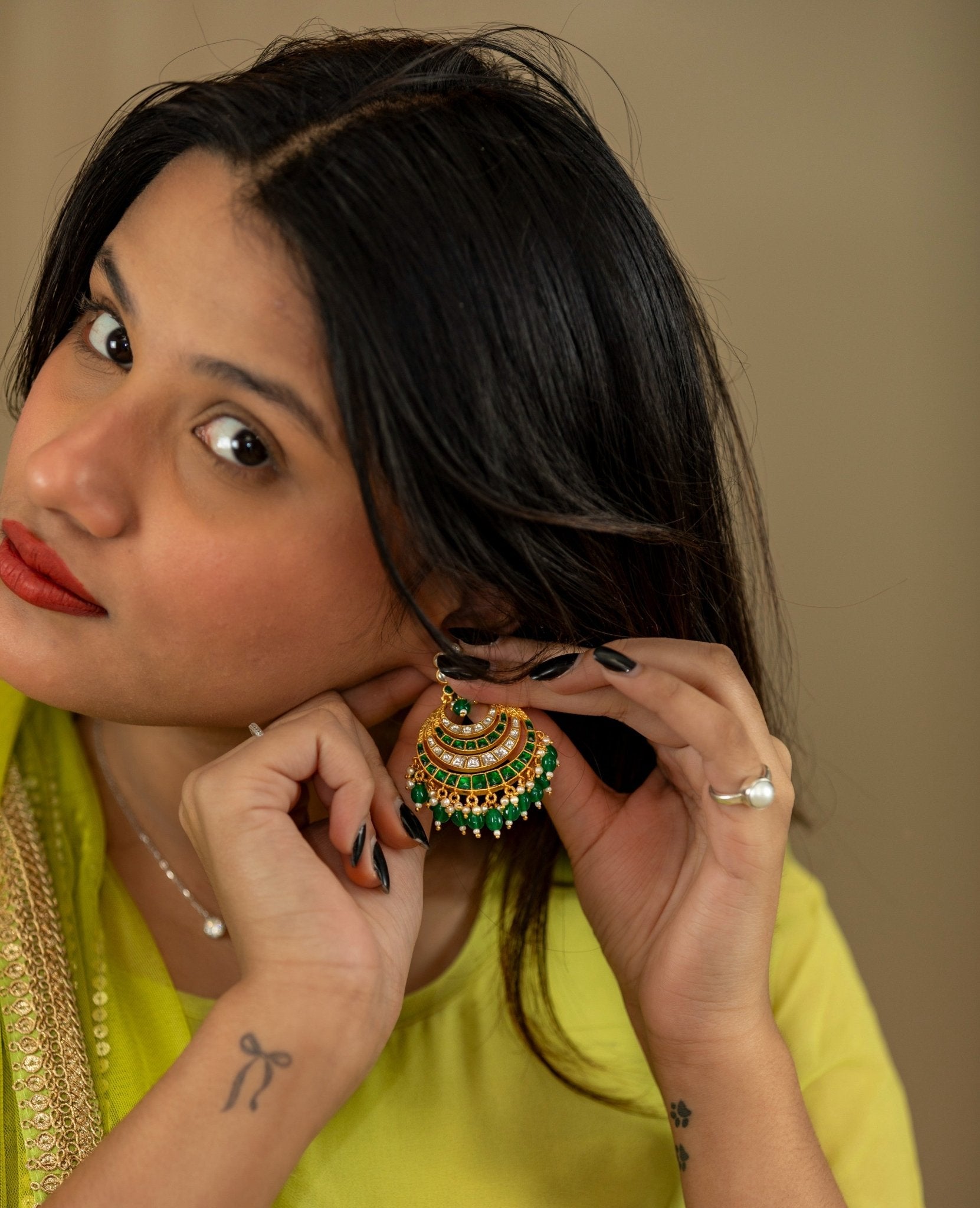 Emerald Green & Gold Kundan - Style Chandbali Earrings - Miraura Jewels
