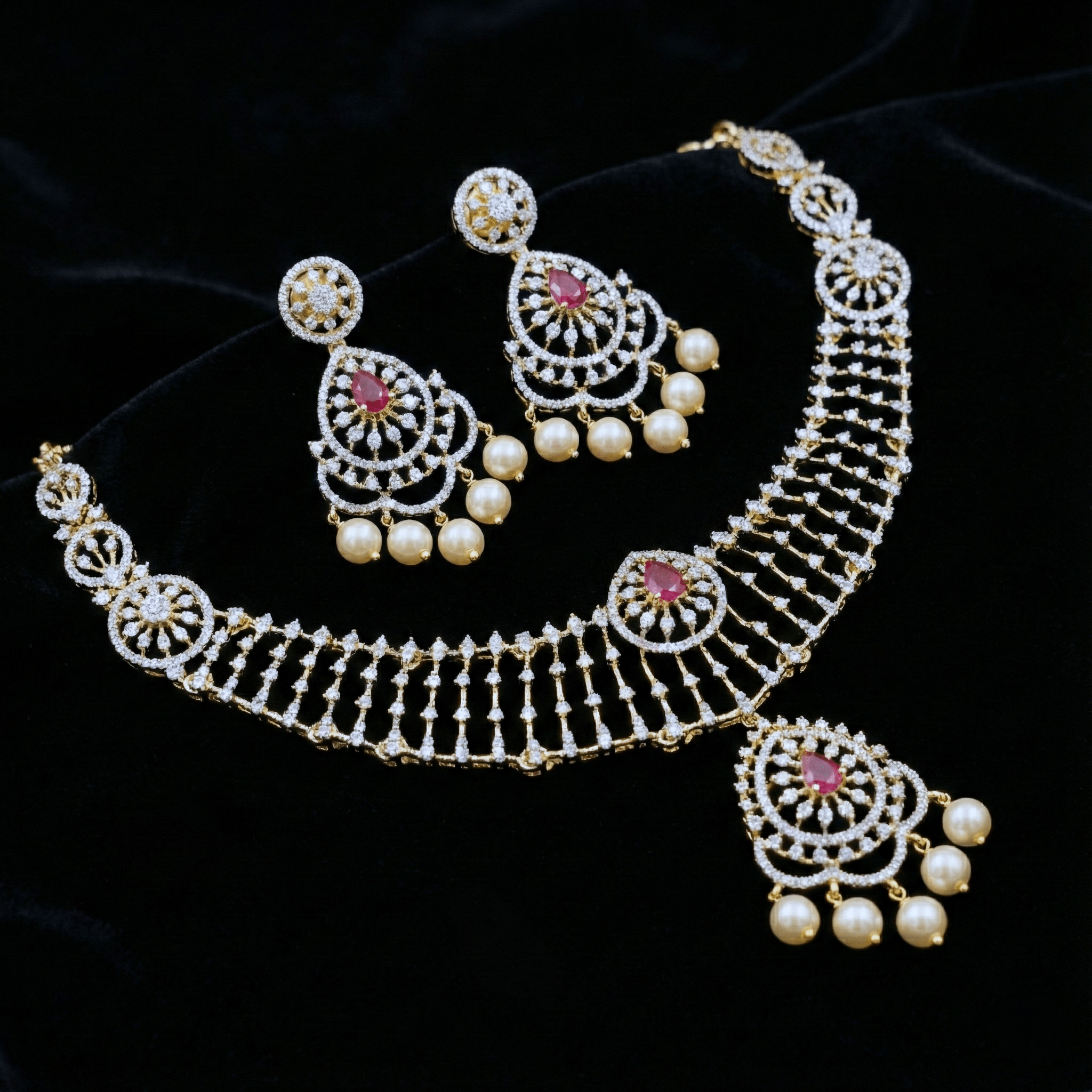 Gold Plated 925 Silver CZ Necklace Set with Ruby & Pearl Accents - Miraura Jewels