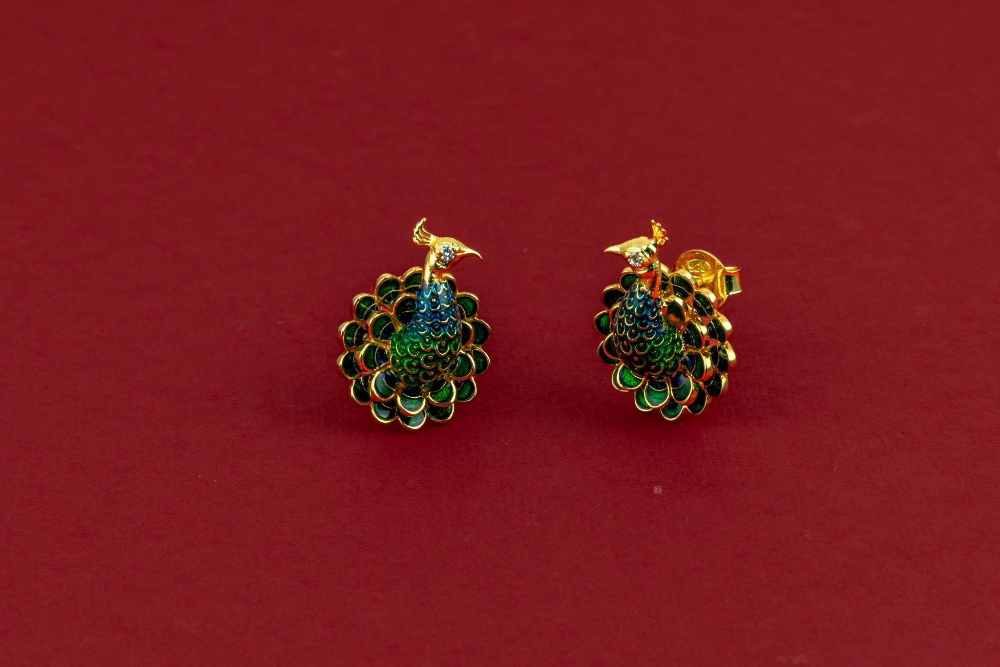 Gold - Tone Enamel Peacock Stud Earrings - Miraura Jewels