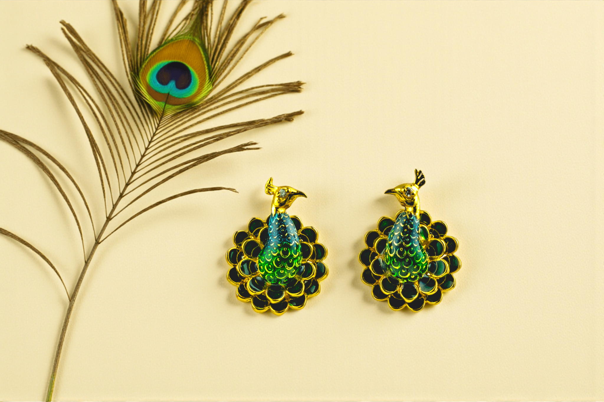 Gold - Tone Enamel Peacock Stud Earrings - Miraura Jewels