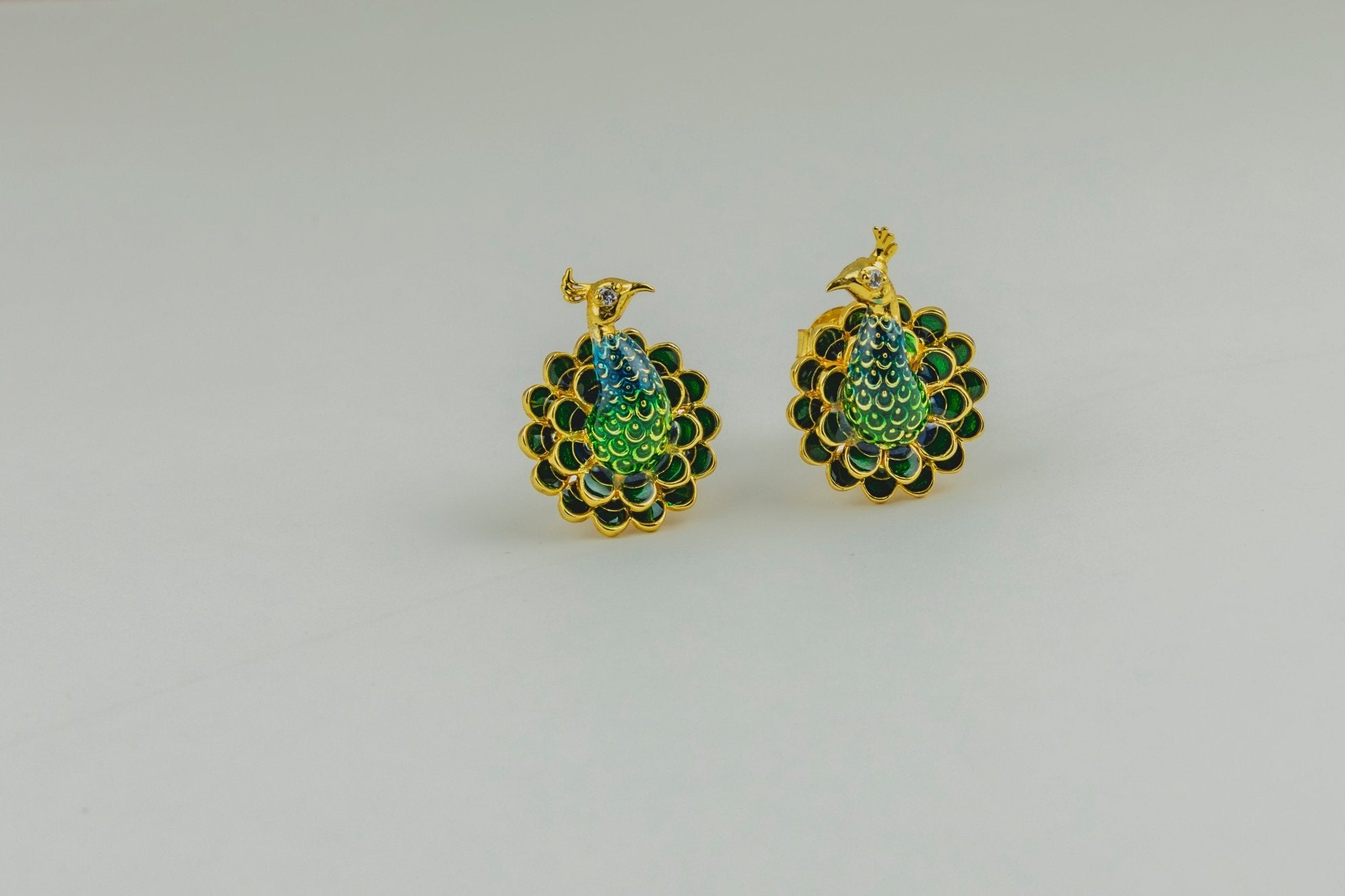 Gold - Tone Enamel Peacock Stud Earrings - Miraura Jewels
