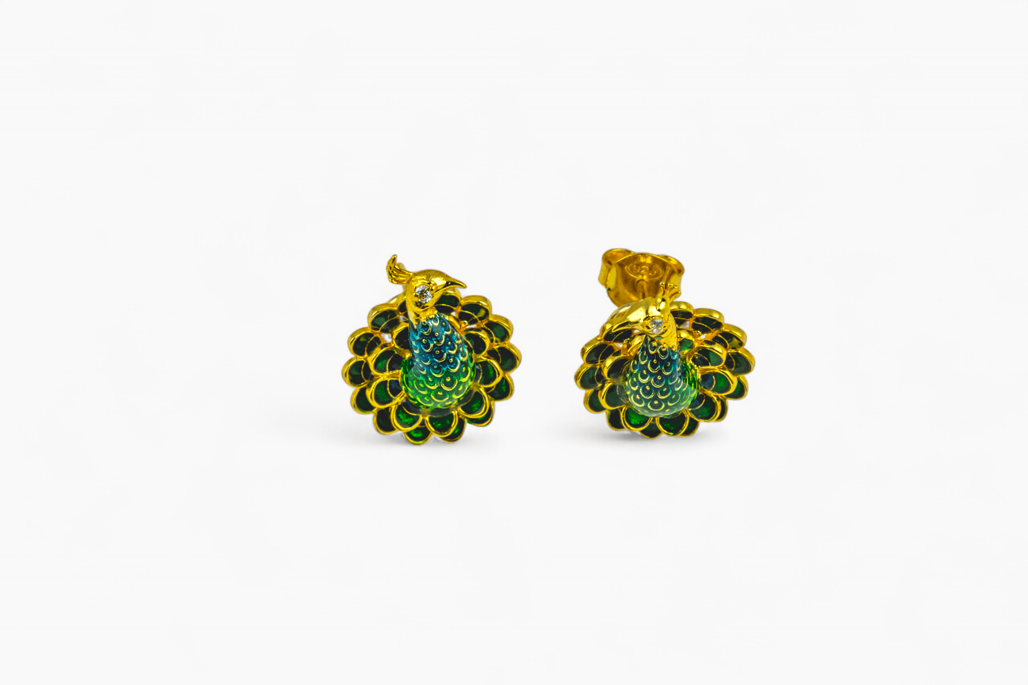 Gold - Tone Enamel Peacock Stud Earrings - Miraura Jewels