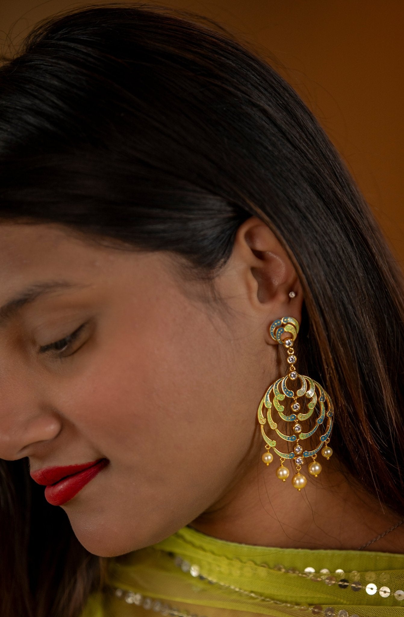 Gold - Tone Enamel & Pearl Chandelier Earrings - Miraura Jewels