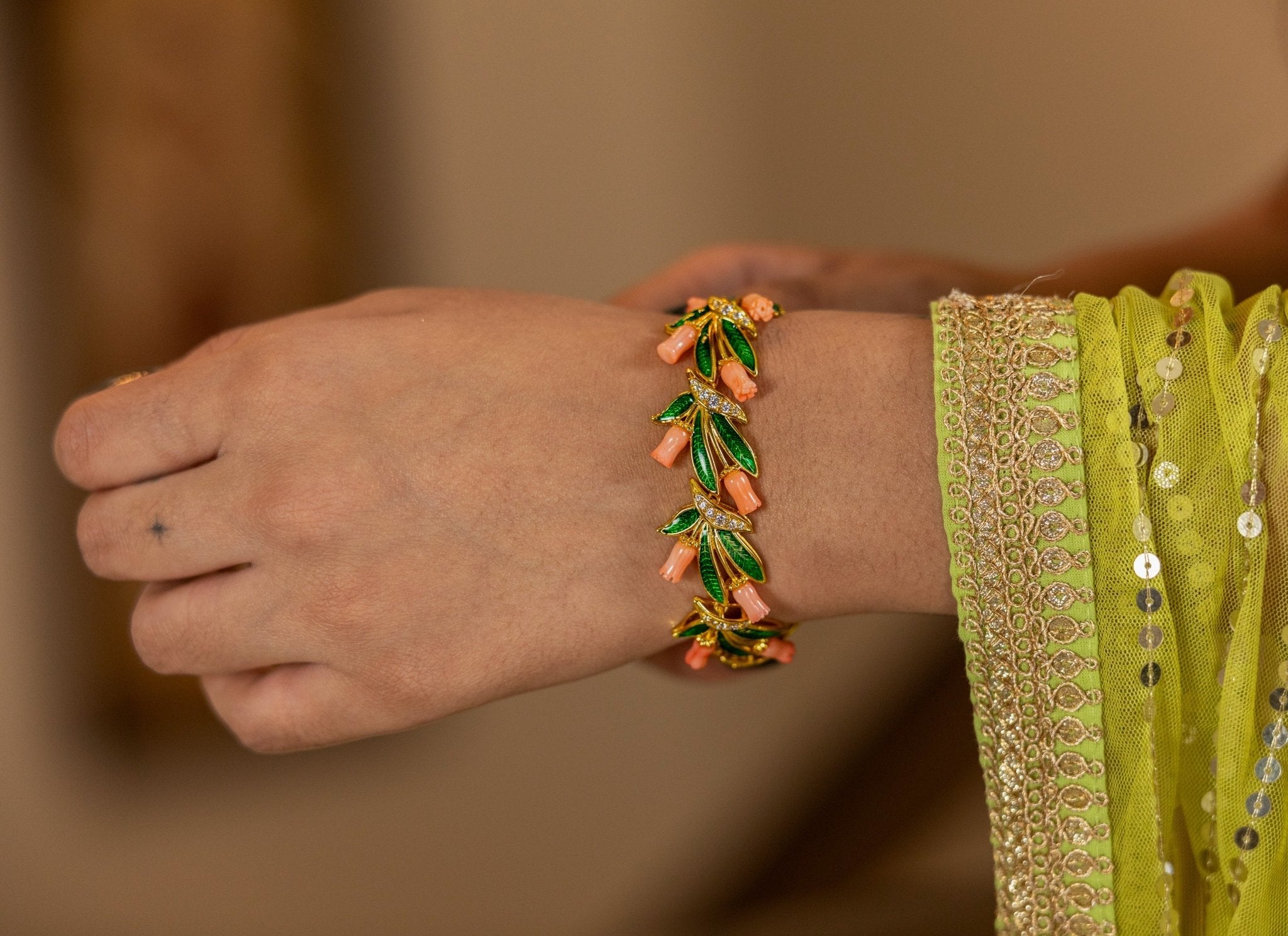 Gold - Toned Coral Blossom Vine Bracelet - Miraura Jewels