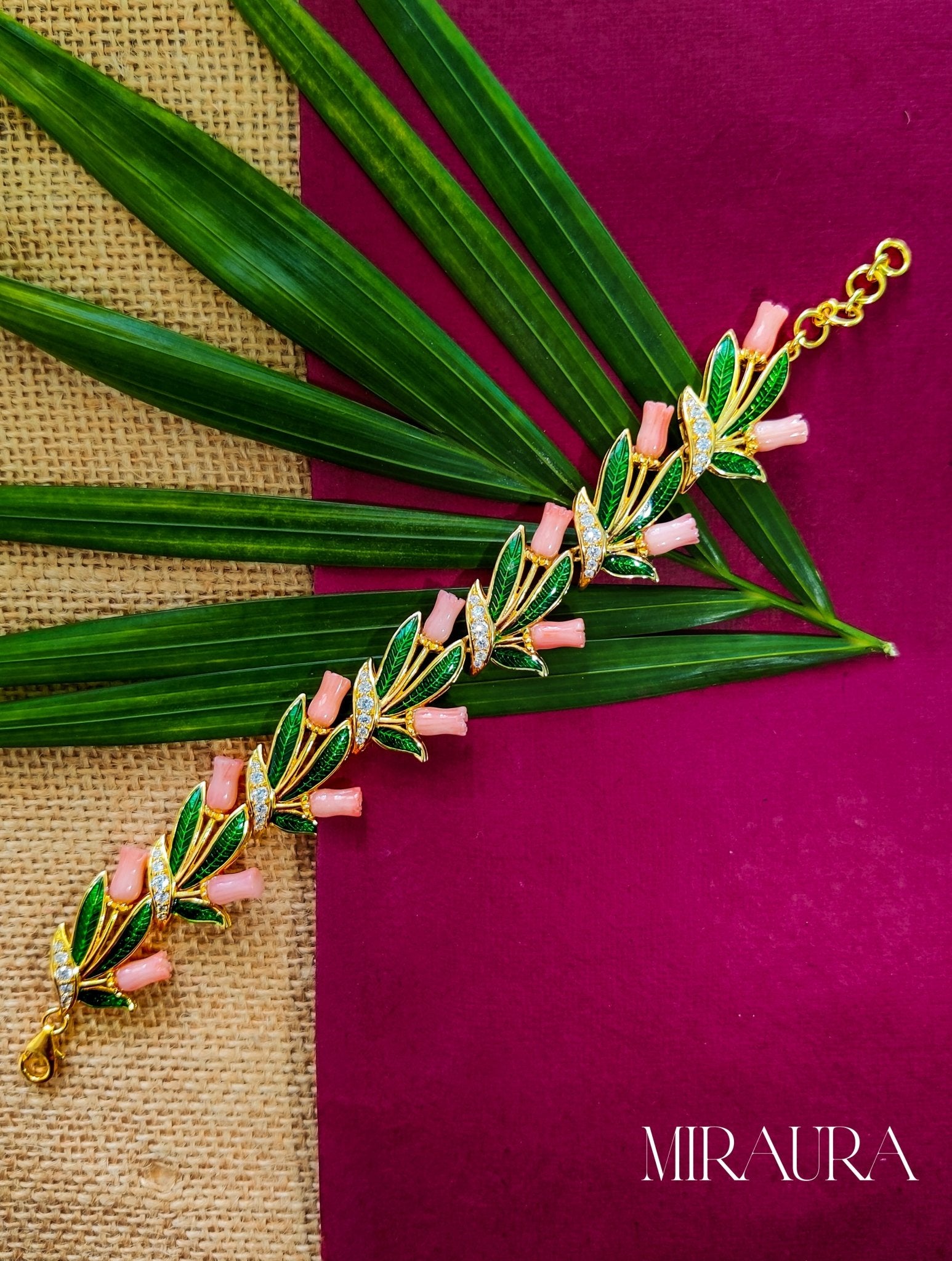 Gold - Toned Coral Blossom Vine Bracelet - Miraura Jewels