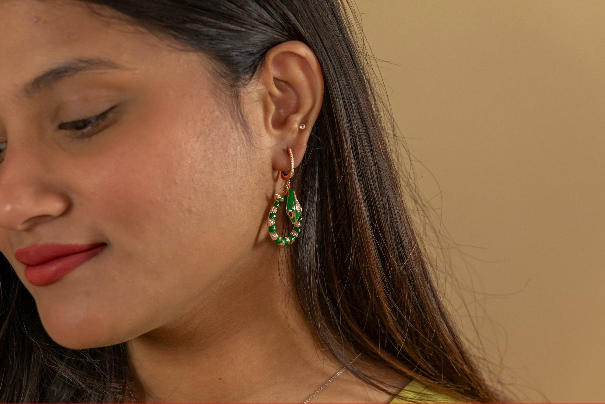 Green Enamel Serpent Earrings - Miraura Jewels
