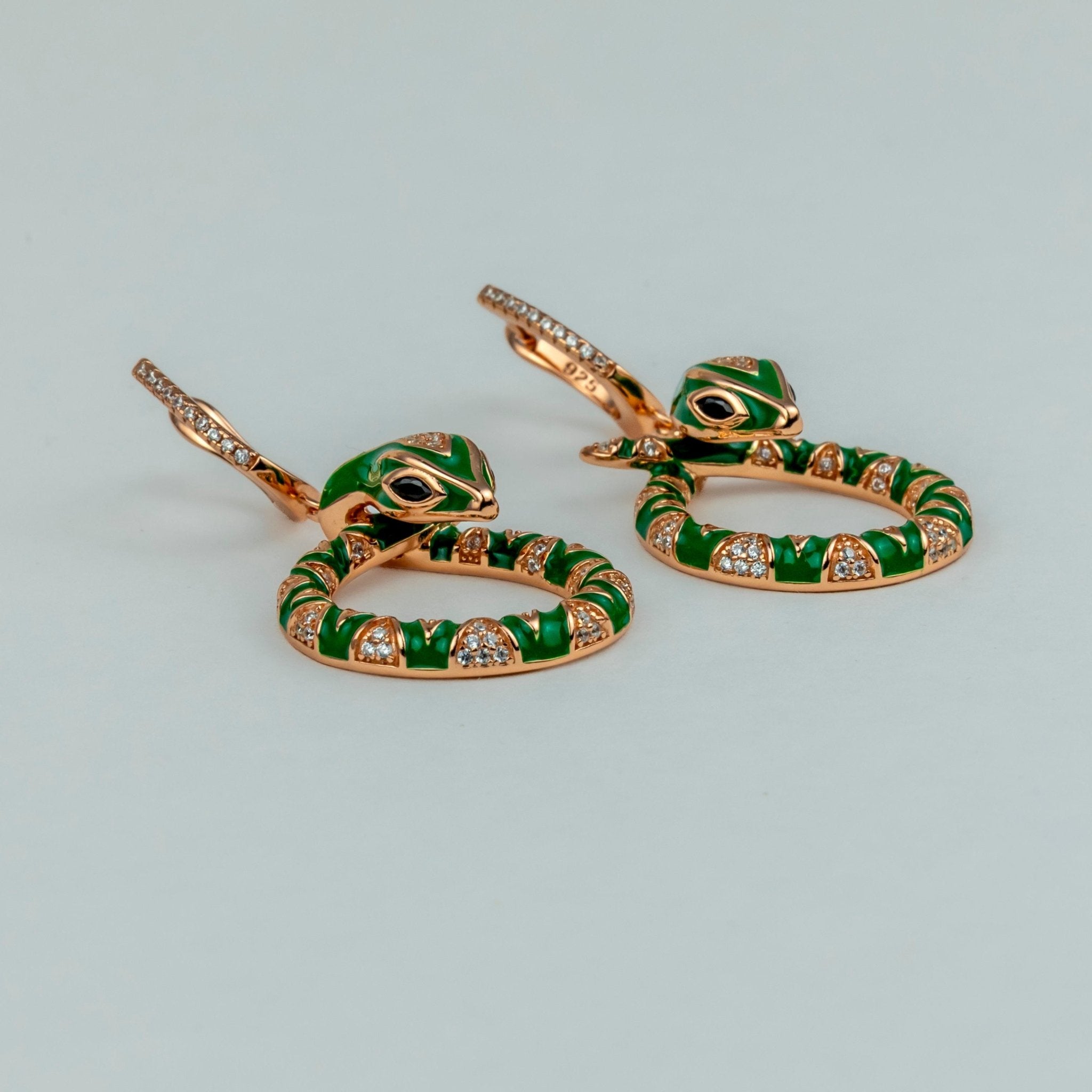 Green Enamel Serpent Earrings - Miraura Jewels