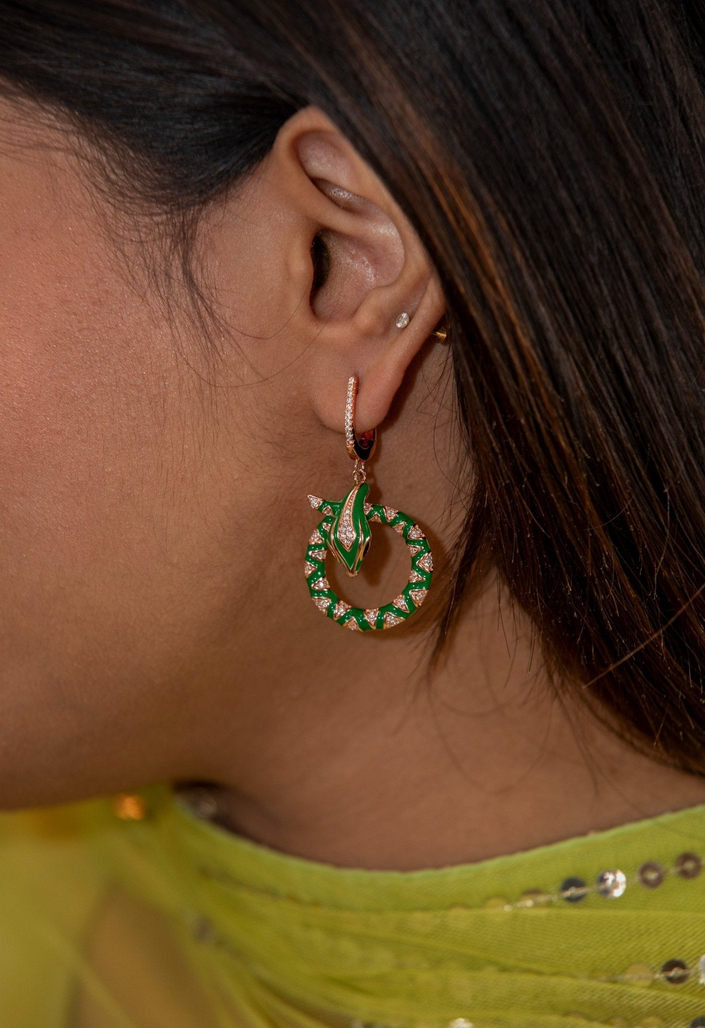 Green Enamel Serpent Earrings - Miraura Jewels