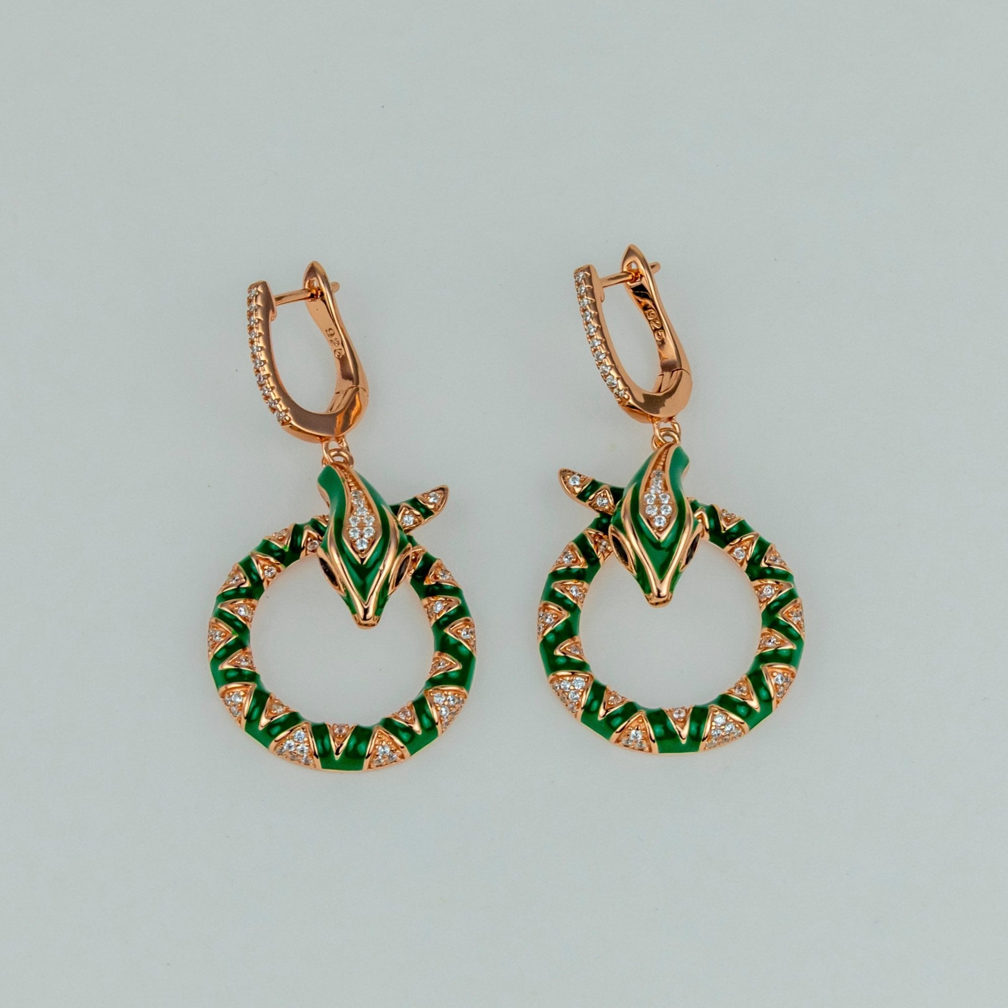 Green Enamel Serpent Earrings - Miraura Jewels