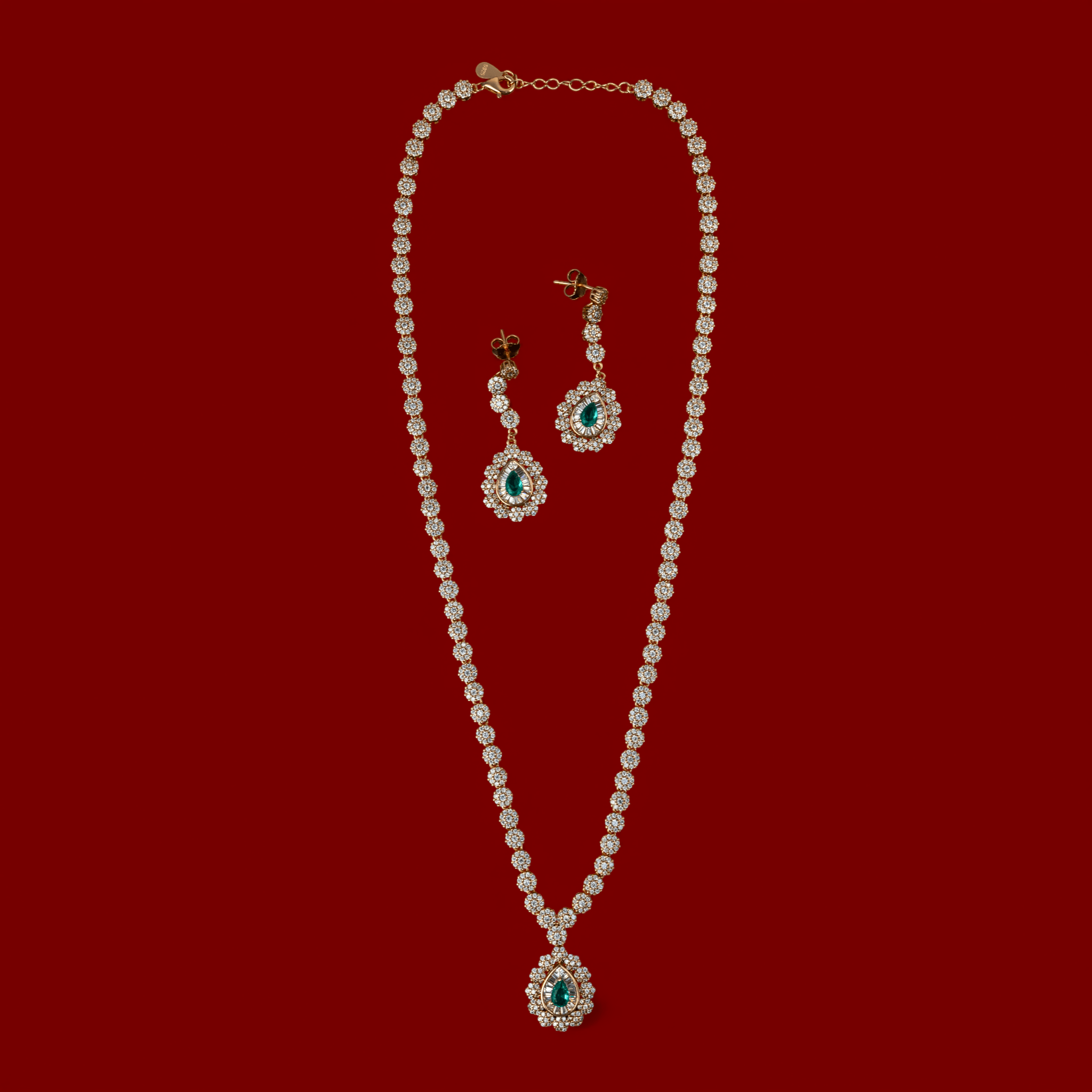 Green Stone Halo Pendant Necklace Set - Miraura Jewels