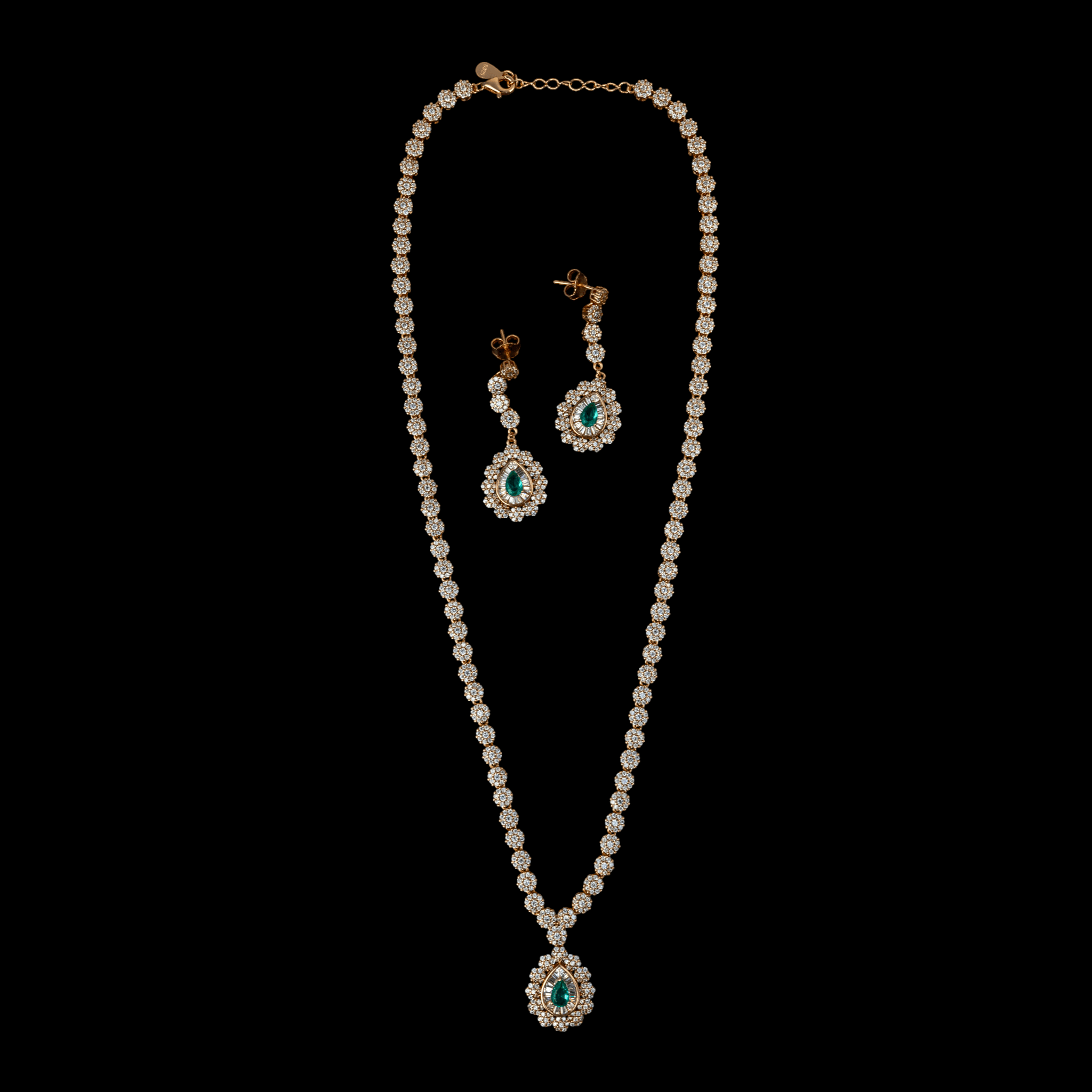 Green Stone Halo Pendant Necklace Set - Miraura Jewels