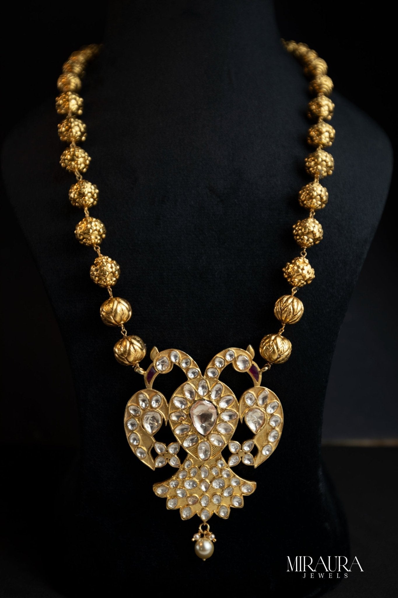 Silver Kundan Peacock Pendant with Antique Temple Beads - Miraura Jewels