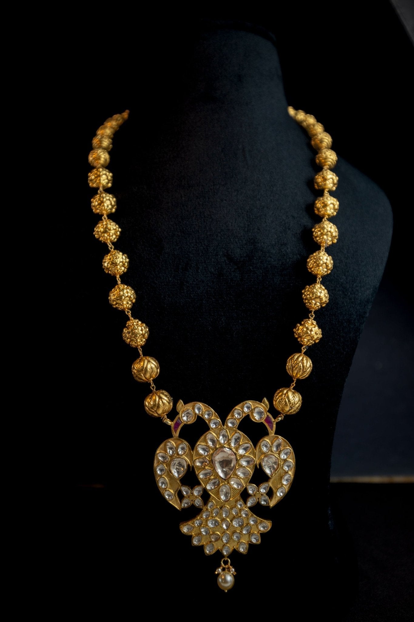 Silver Kundan Peacock Pendant with Antique Temple Beads - Miraura Jewels