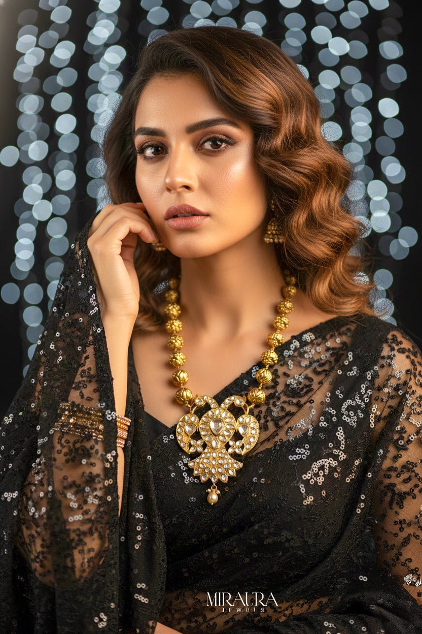 Silver Kundan Peacock Pendant with Antique Temple Beads - Miraura Jewels