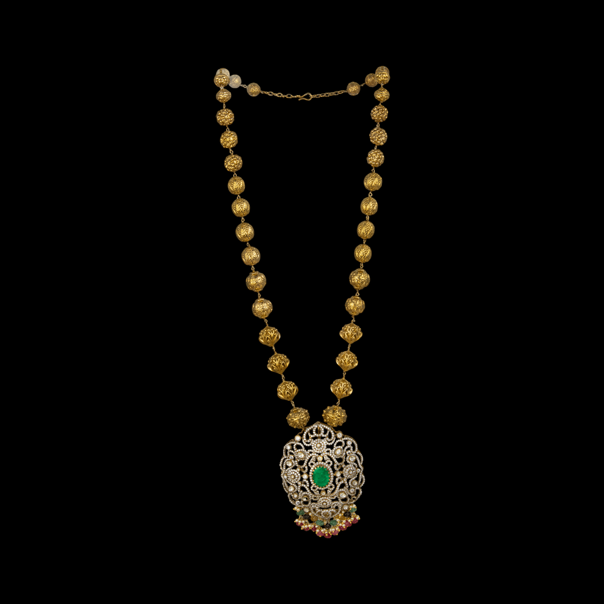 Long Antique Beads Necklace with Moissanite Polki & Green Stone Pendant - Miraura Jewels