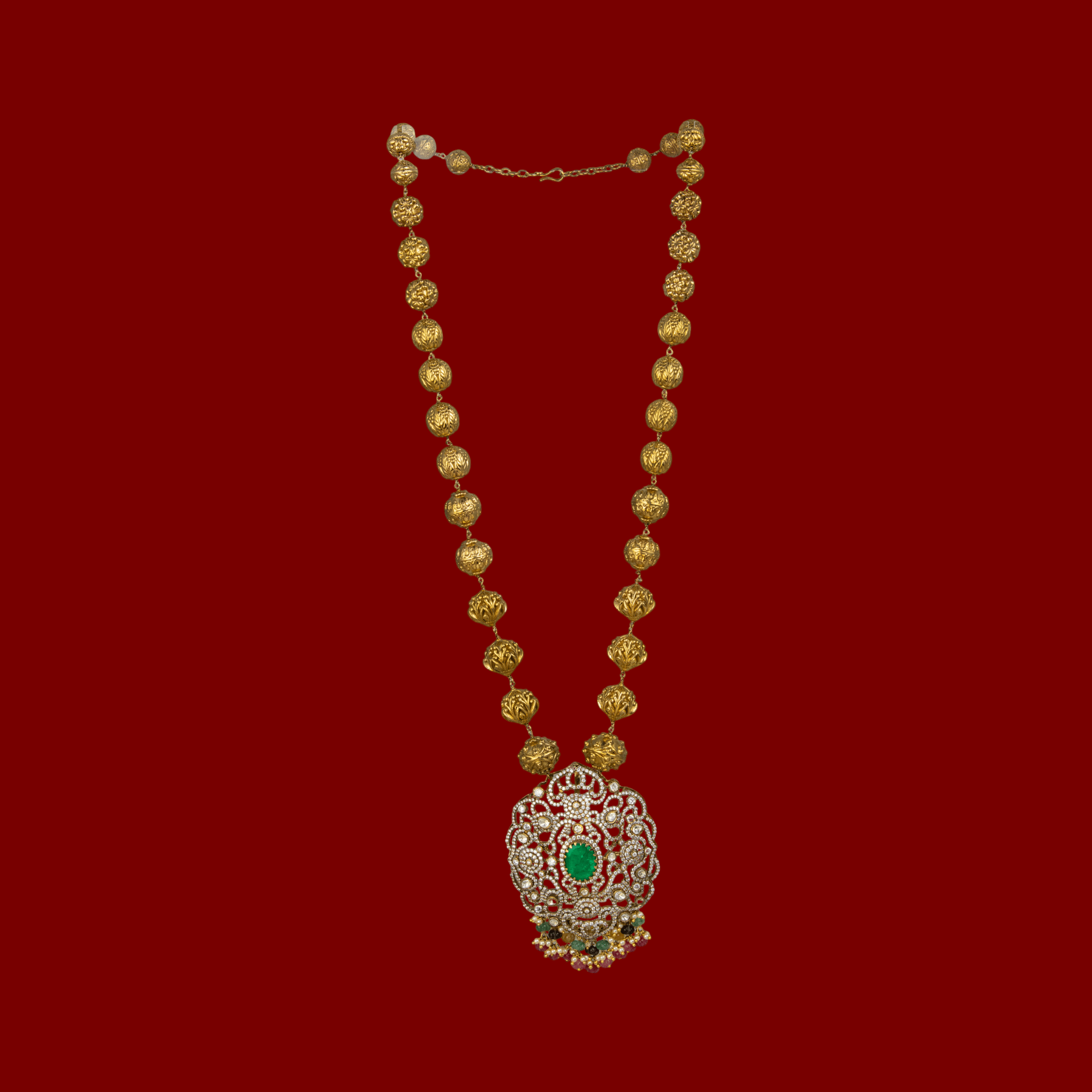 Long Antique Beads Necklace with Moissanite Polki & Green Stone Pendant - Miraura Jewels