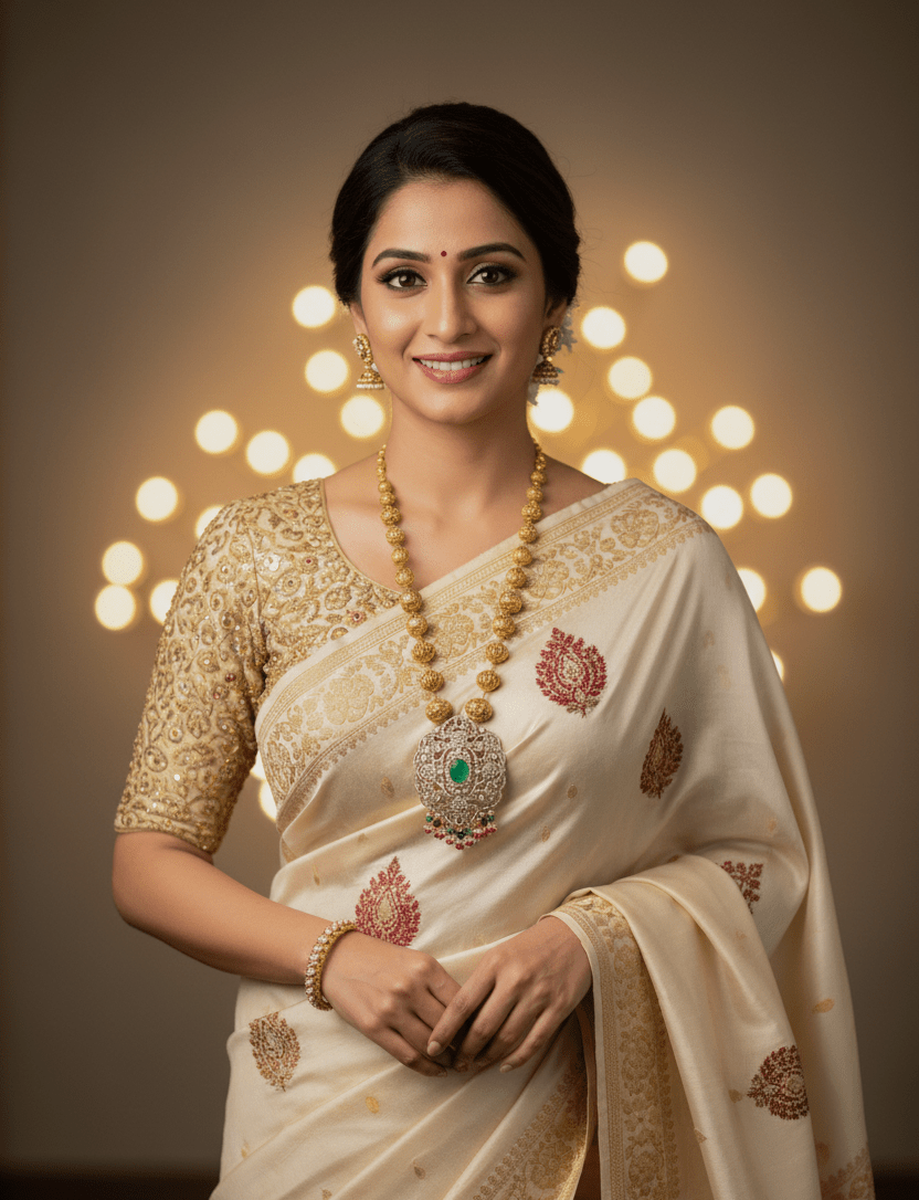 Long Antique Beads Necklace with Moissanite Polki & Green Stone Pendant - Miraura Jewels