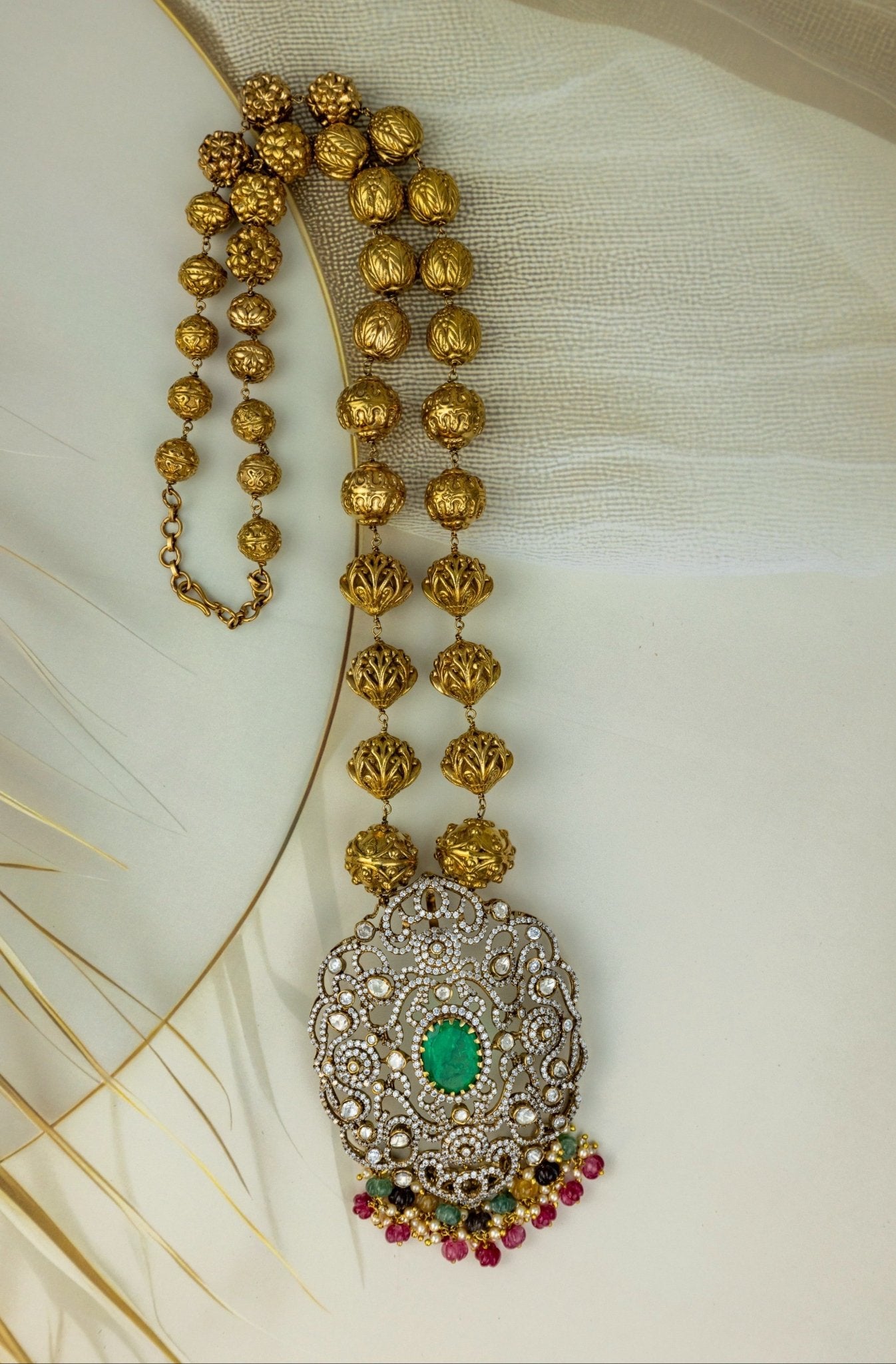 Long Antique Beads Necklace with Moissanite Polki & Green Stone Pendant - Miraura Jewels