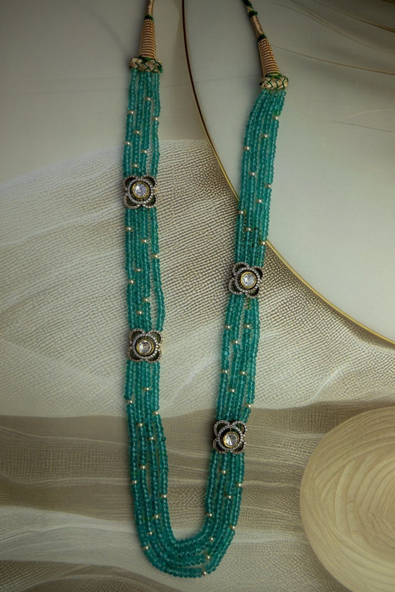 Luxury Multi - Strand Natural Apatite & Moissanite Polki Motif Mala - Miraura Jewels