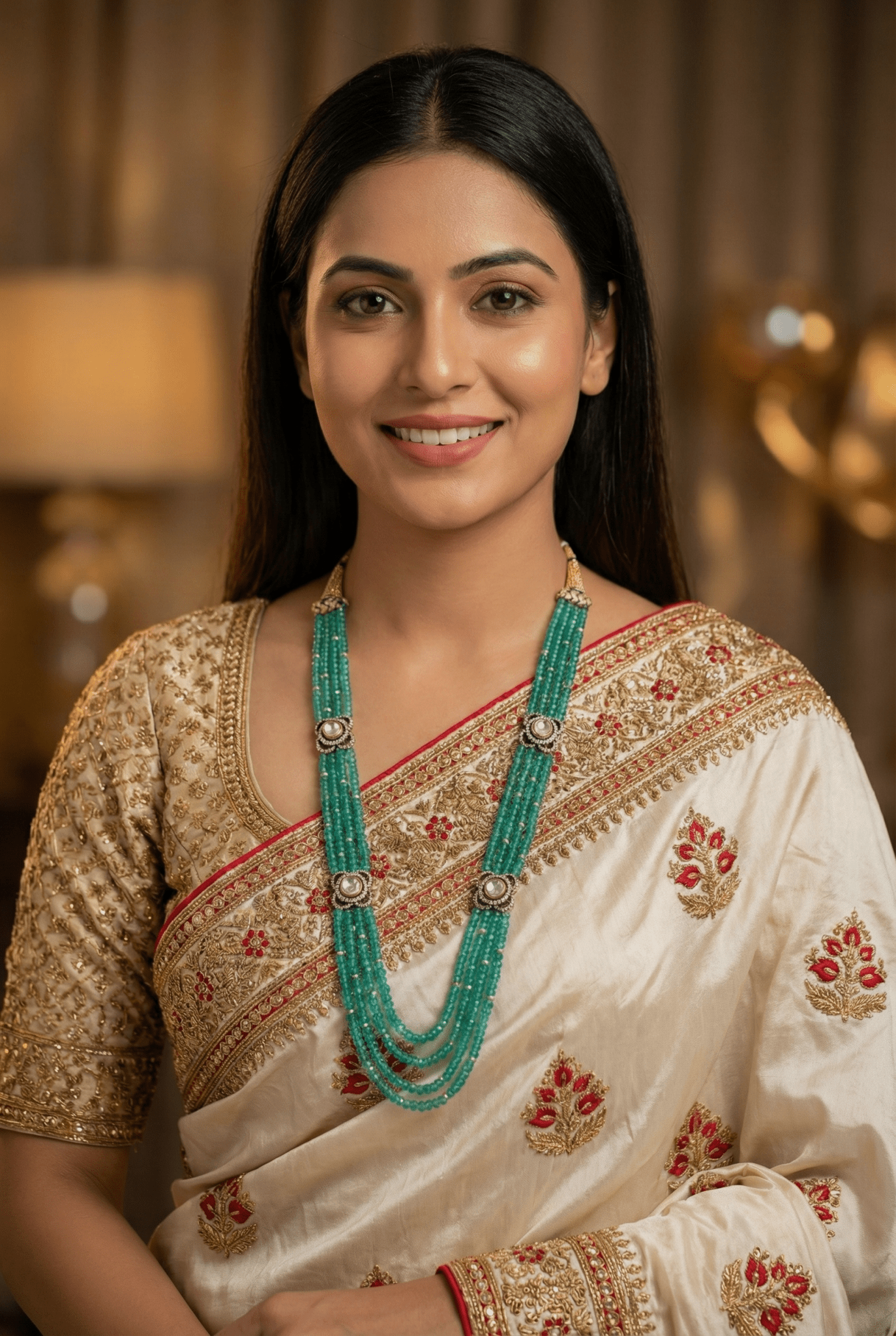 Luxury Multi - Strand Natural Apatite & Moissanite Polki Motif Mala - Miraura Jewels