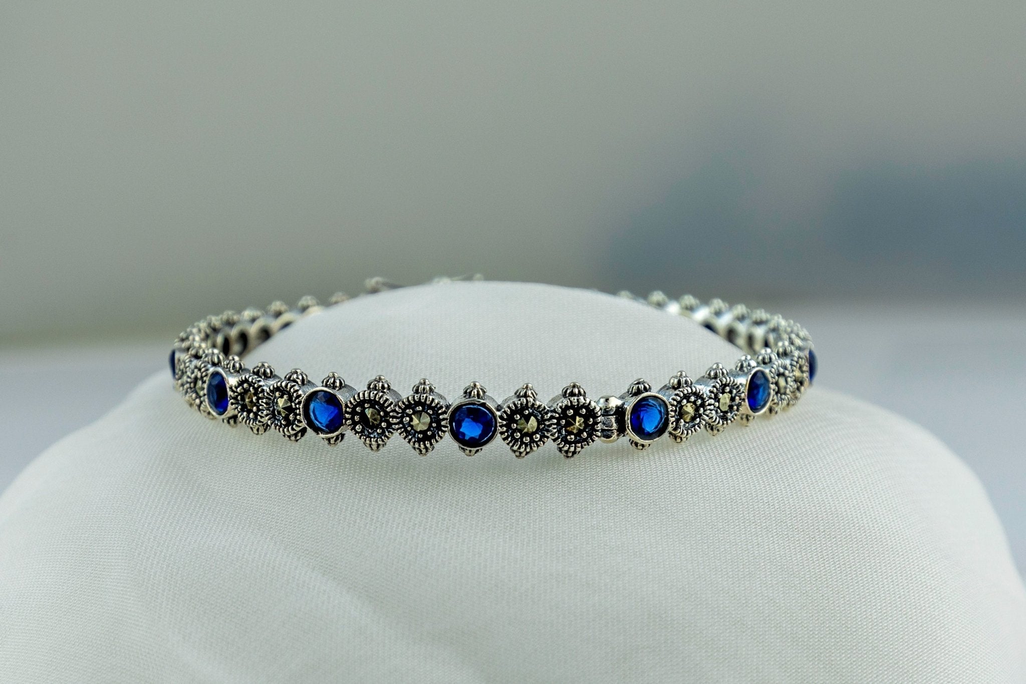 Marcasite and Blue Gemstone Bangle. - Miraura Jewels