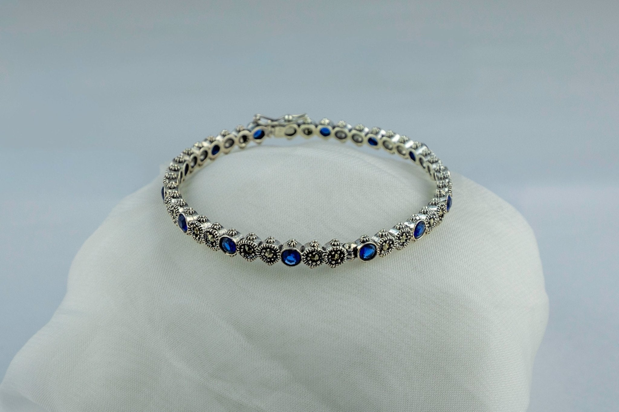 Marcasite and Blue Gemstone Bangle. - Miraura Jewels