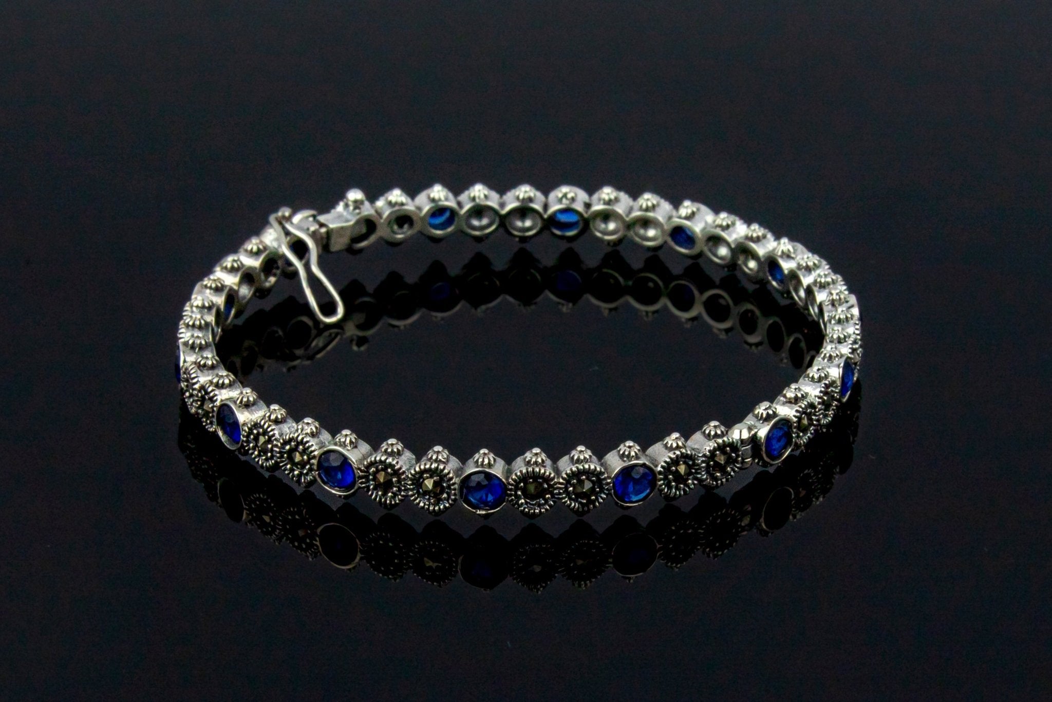 Marcasite and Blue Gemstone Bangle. - Miraura Jewels
