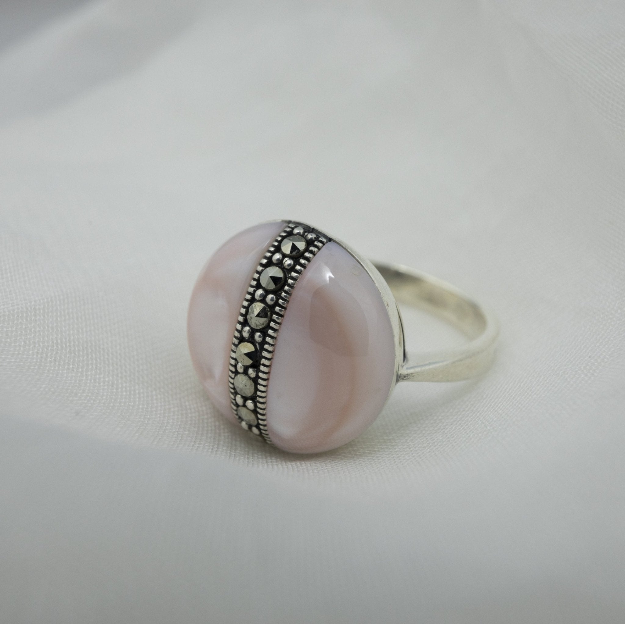 Marcasite Stripe Pink Cabochon Ring - Miraura Jewels