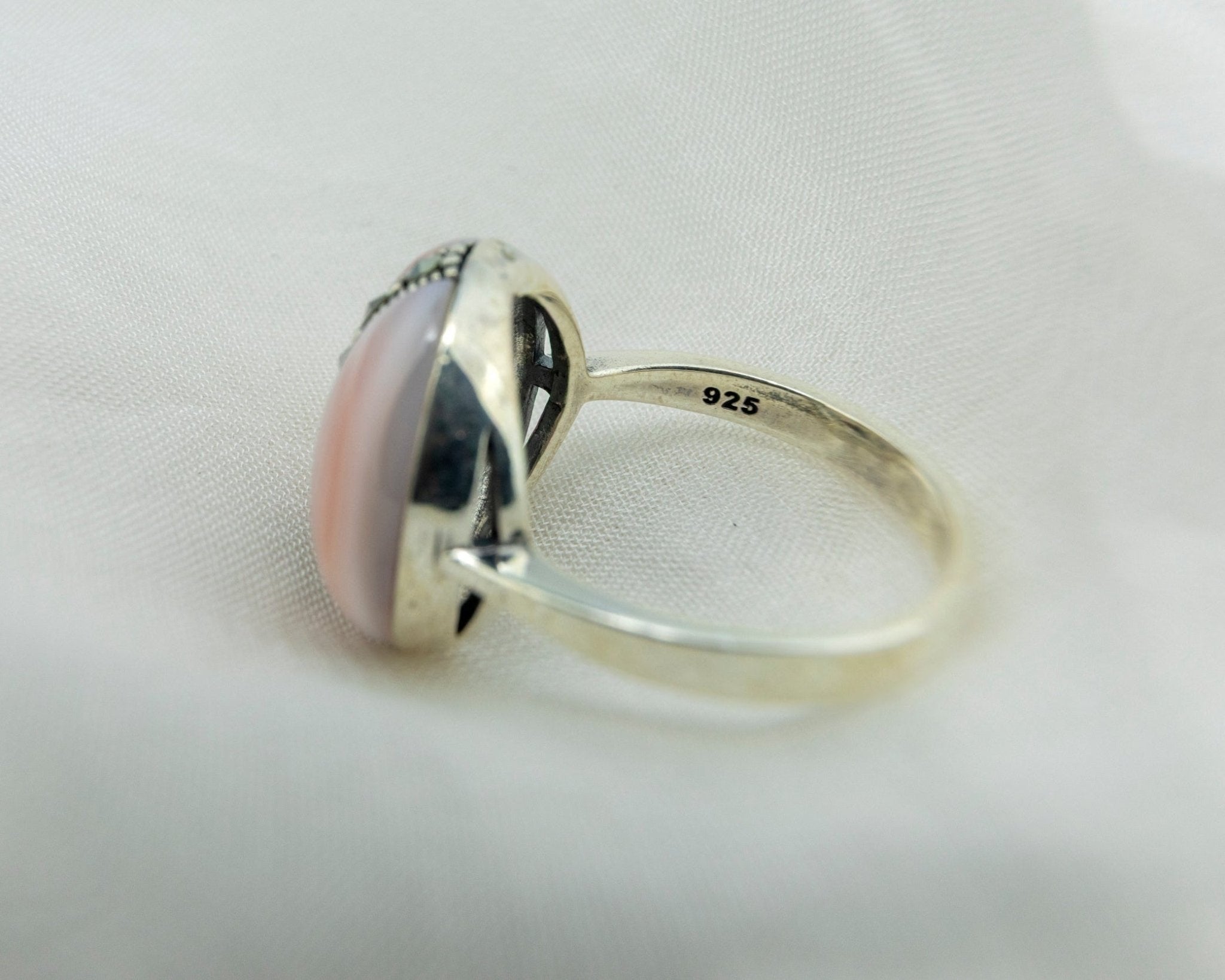 Marcasite Stripe Pink Cabochon Ring - Miraura Jewels