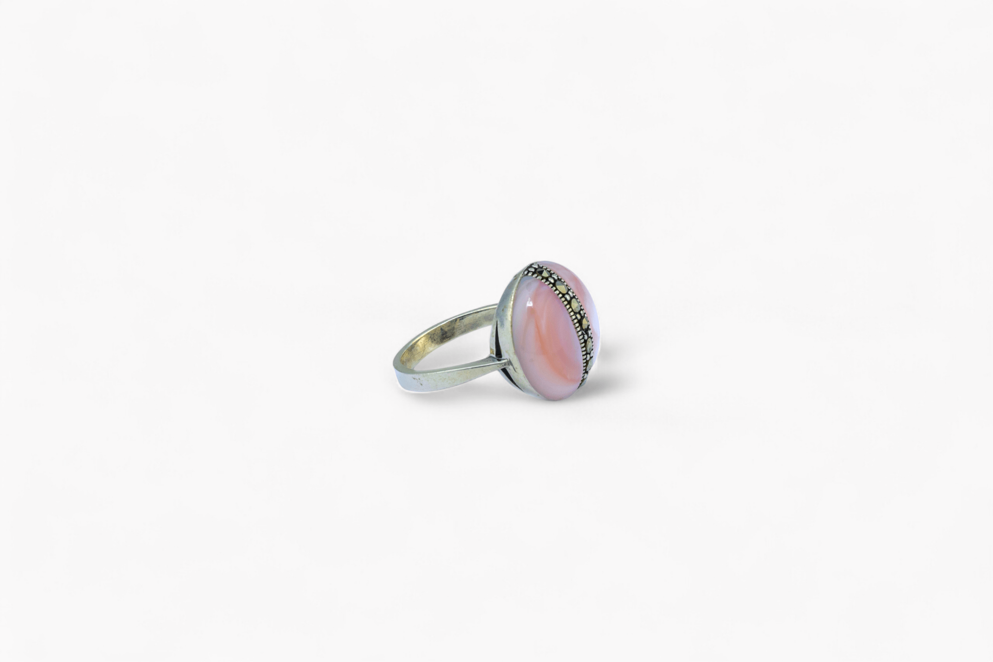Marcasite Stripe Pink Cabochon Ring - Miraura Jewels