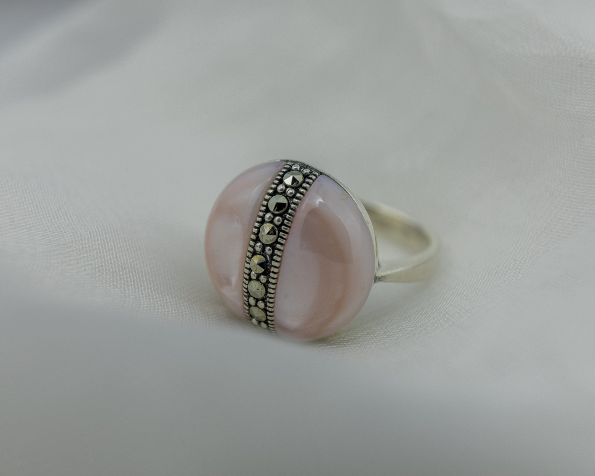 Marcasite Stripe Pink Cabochon Ring - Miraura Jewels