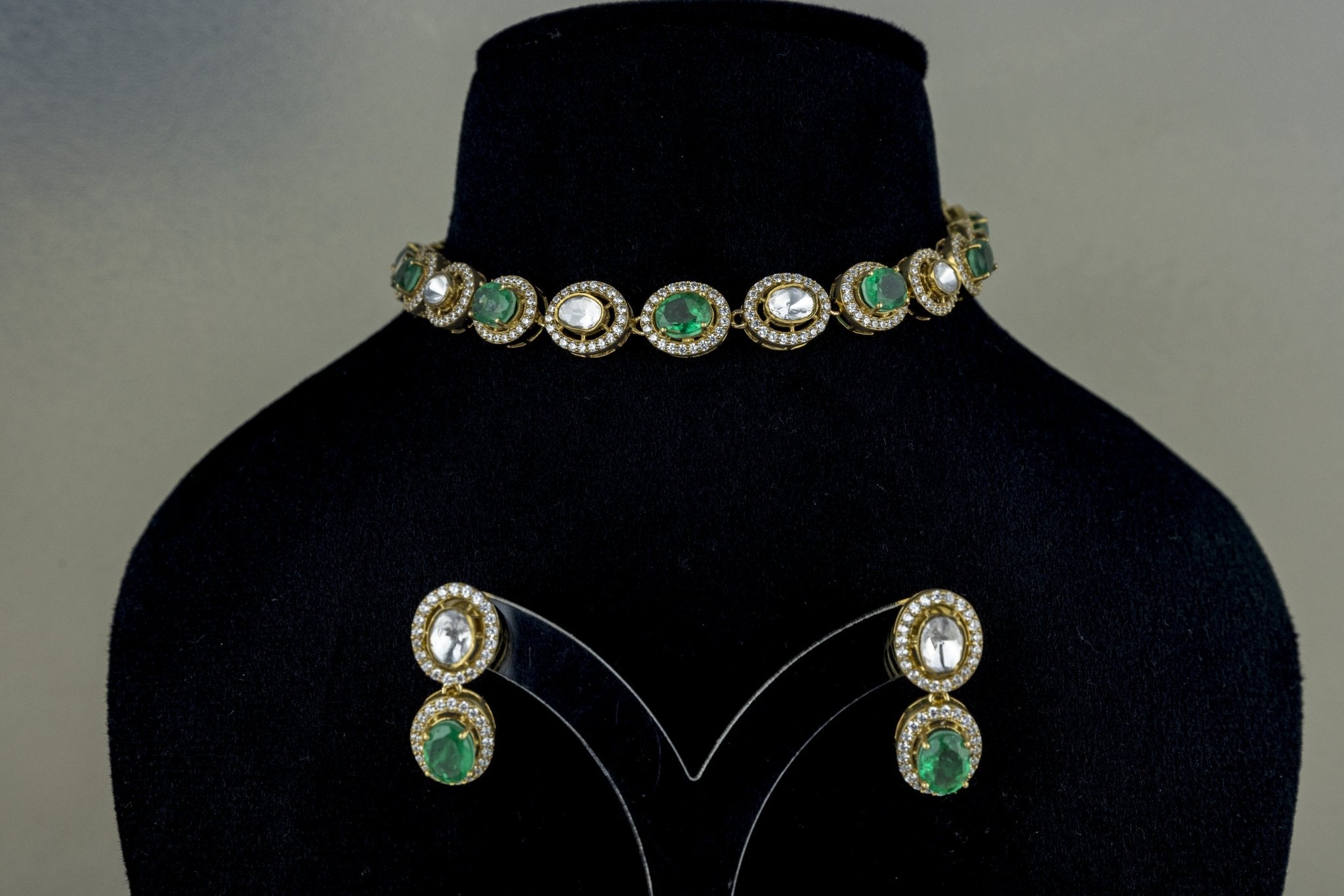 Minimalist Gold Plated Liner with Green Stones & Moissanite Polki - Miraura Jewels