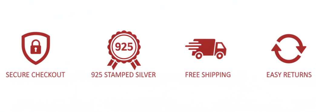 Set of icons representing secure checkout, 925 stamped silver, free shipping, and easy returns on a white background for Miraura Jewels.