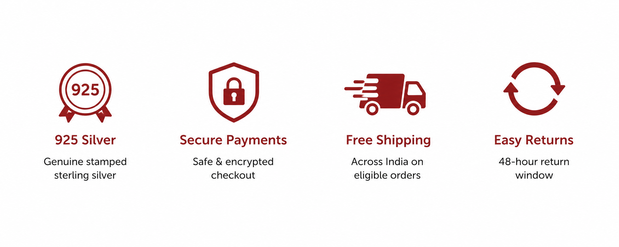 A feature infographic on a white background with four red icons and text: a 925 silver emblem, secure payments with a lock icon, free shipping with a truck icon, and easy returns with a circular arrow icon.