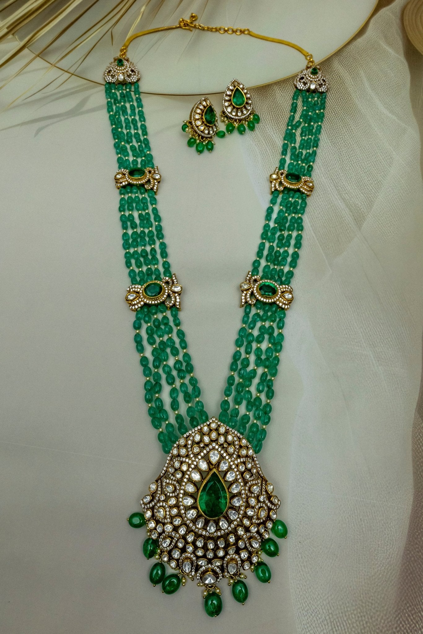 Moissanite Polki & Emerald - Green Rani Haar Set - Miraura Jewels