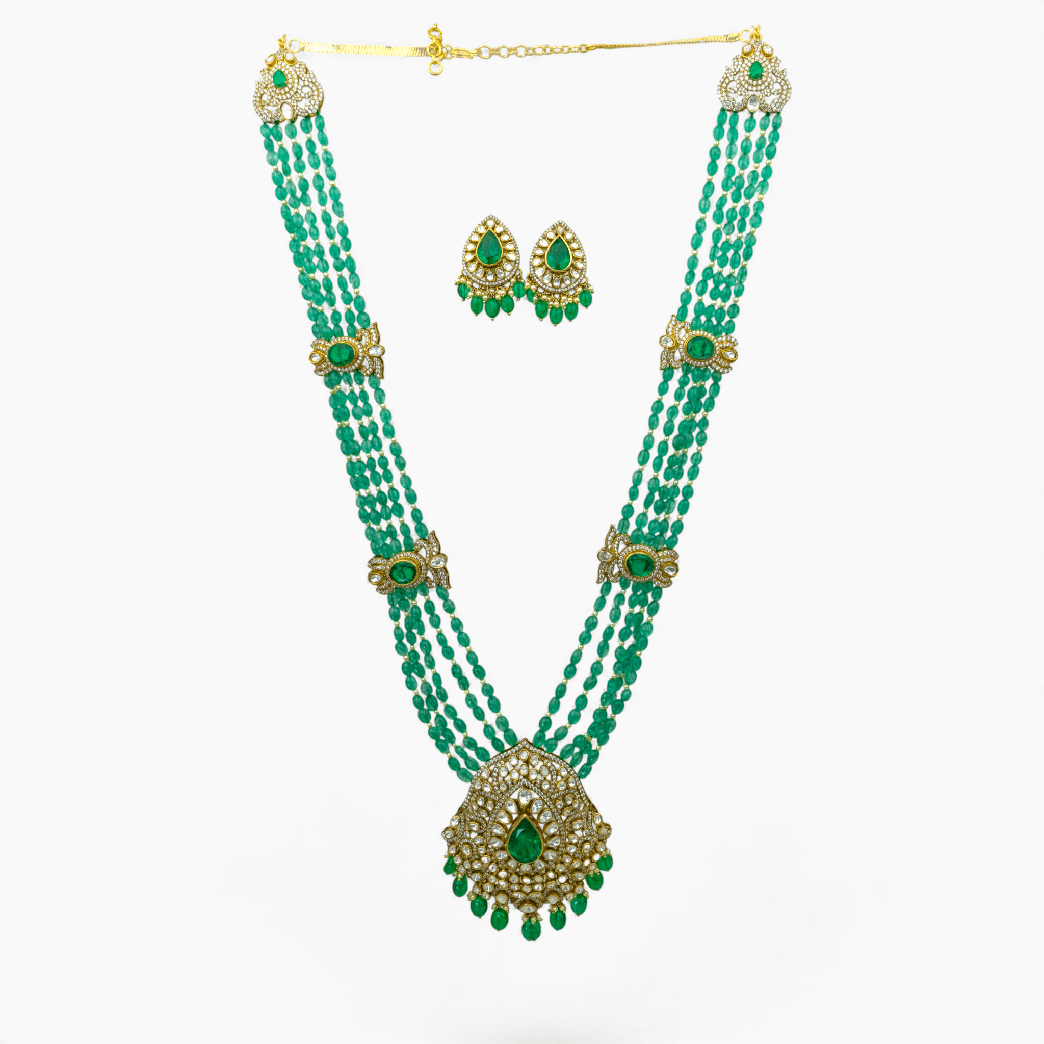 Moissanite Polki & Emerald - Green Rani Haar Set - Miraura Jewels