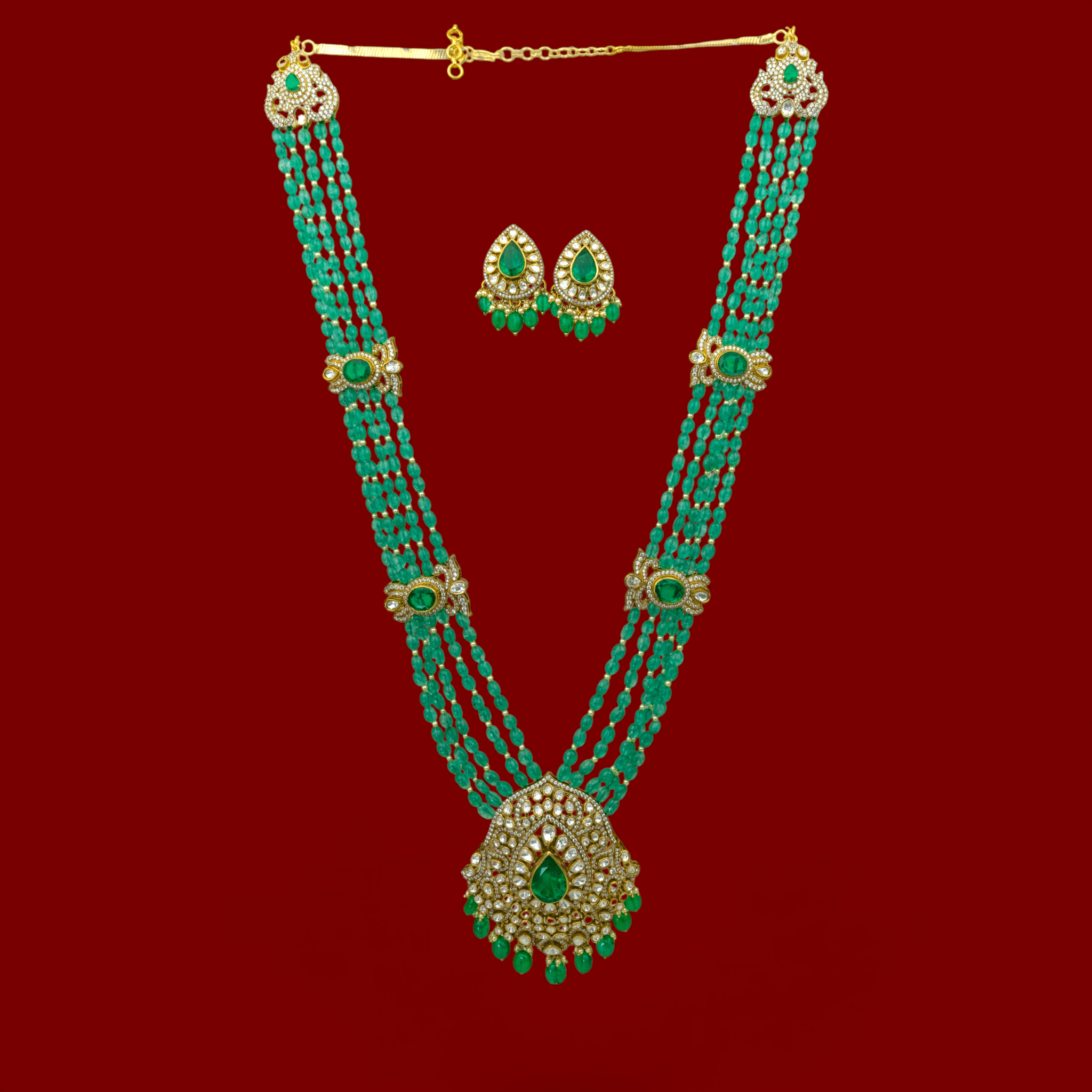 Moissanite Polki & Emerald - Green Rani Haar Set - Miraura Jewels