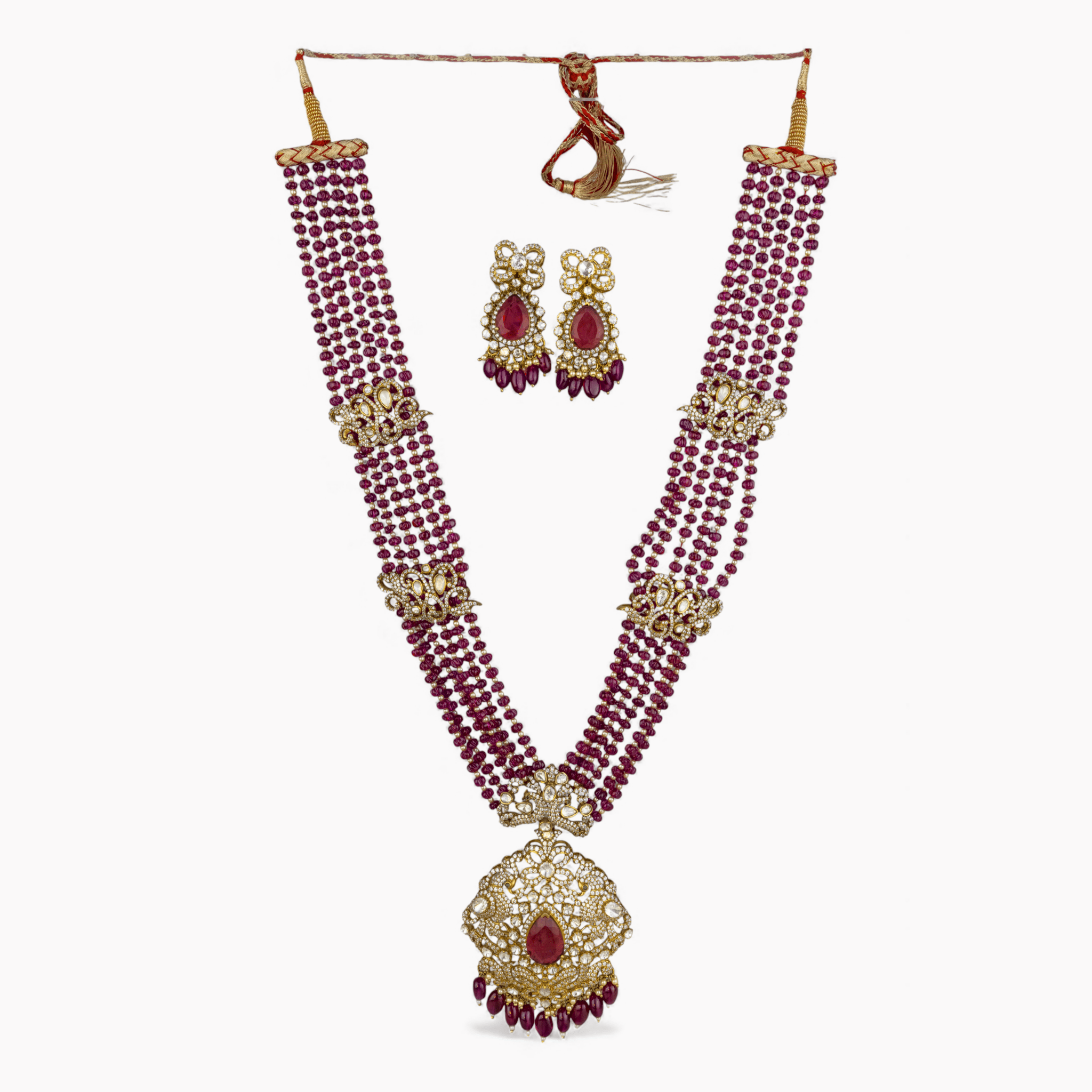 Moissanite Polki & Ruby - Hued Rani Haar Set - Miraura Jewels