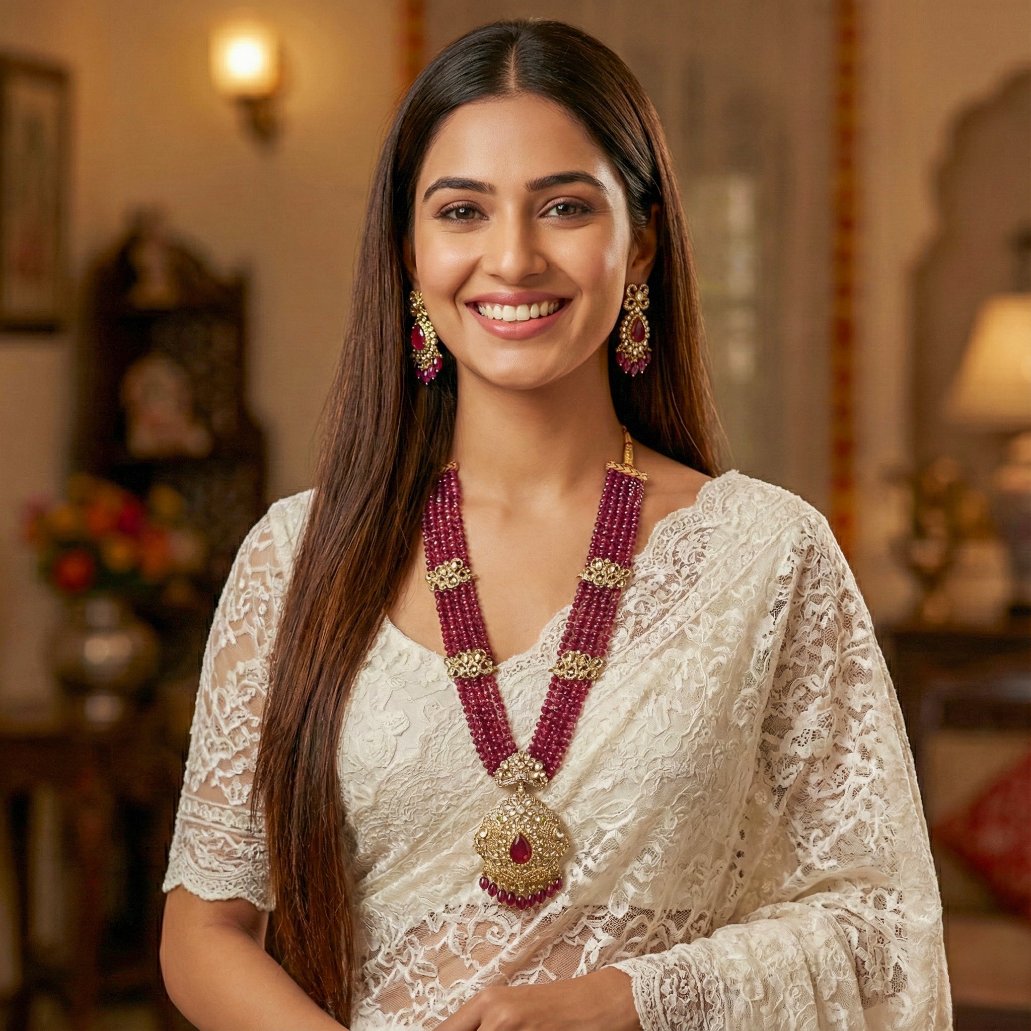 Moissanite Polki & Ruby - Hued Rani Haar Set - Miraura Jewels