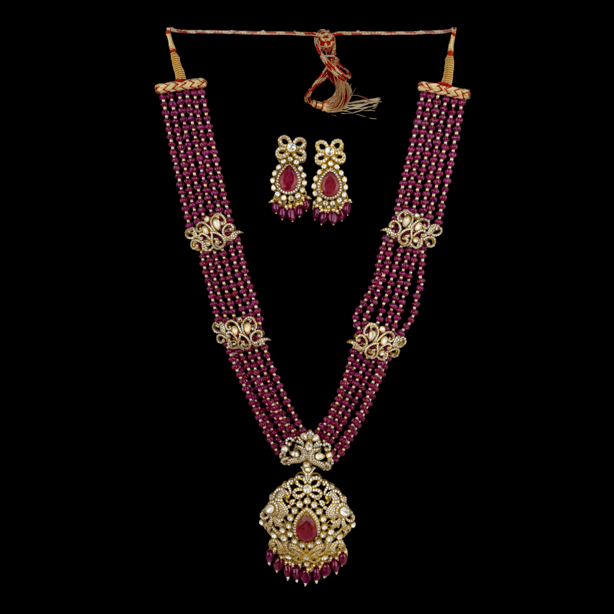 Moissanite Polki & Ruby - Hued Rani Haar Set - Miraura Jewels