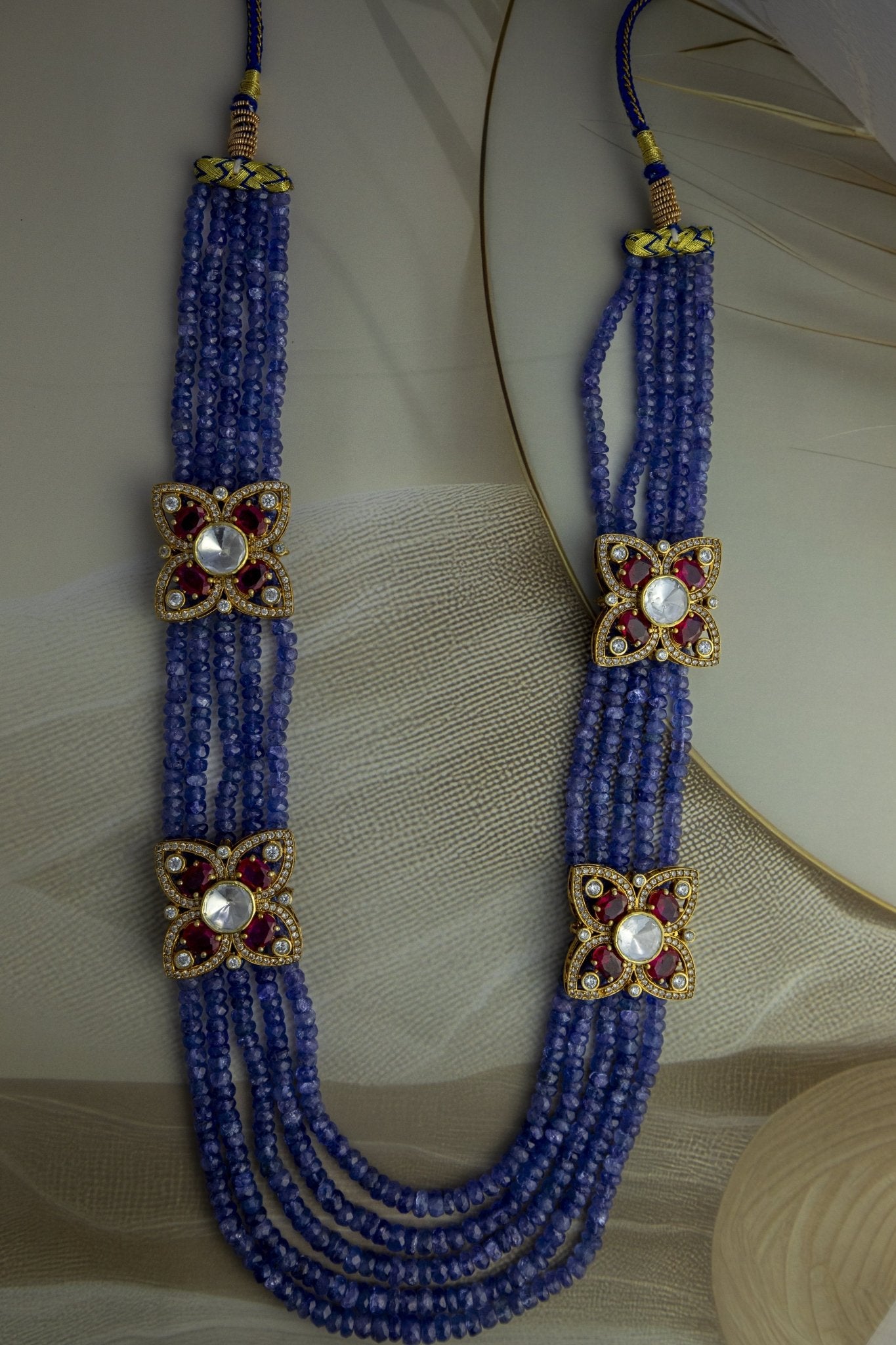 Multi - Strand Natural Tanzanite Bead Mala with Moissanite flower motifs - Miraura Jewels