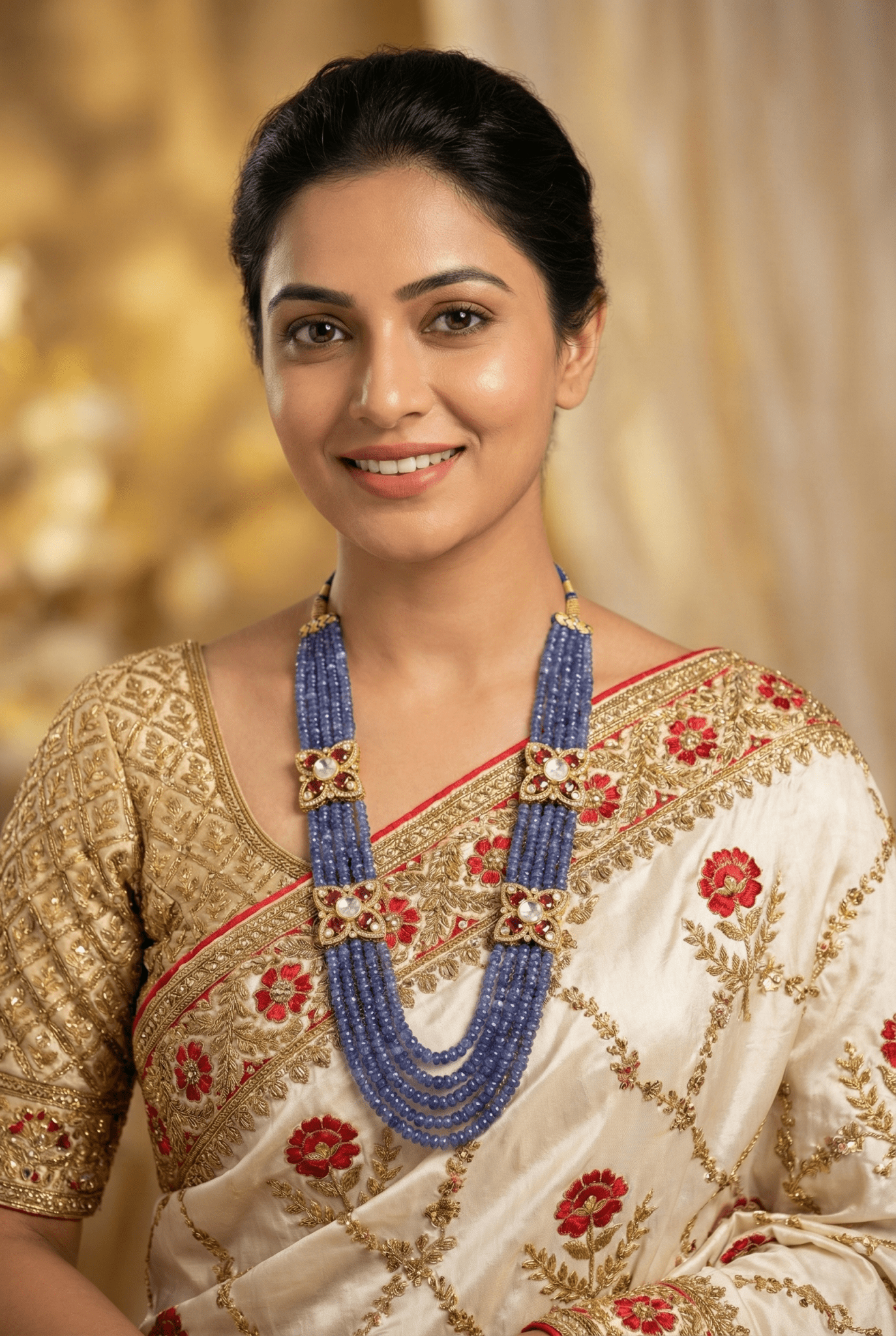 Multi - Strand Natural Tanzanite Bead Mala with Moissanite flower motifs - Miraura Jewels