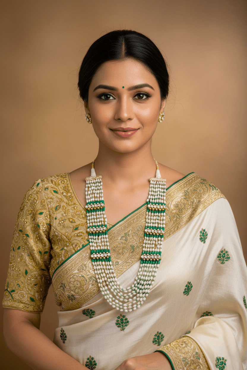 Multi - Strand Rice Pearl & Emerald Green Mala - Miraura Jewels