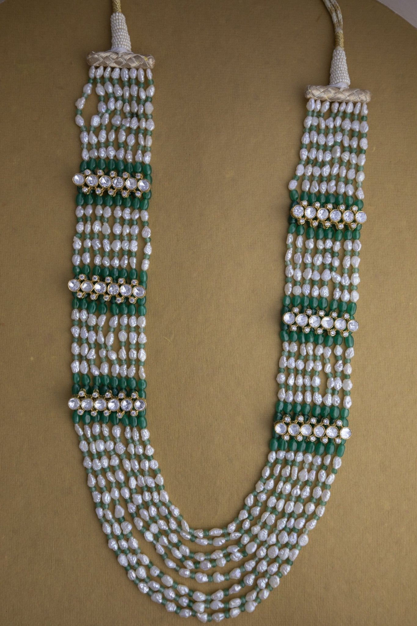 Multi - Strand Rice Pearl & Emerald Green Mala - Miraura Jewels