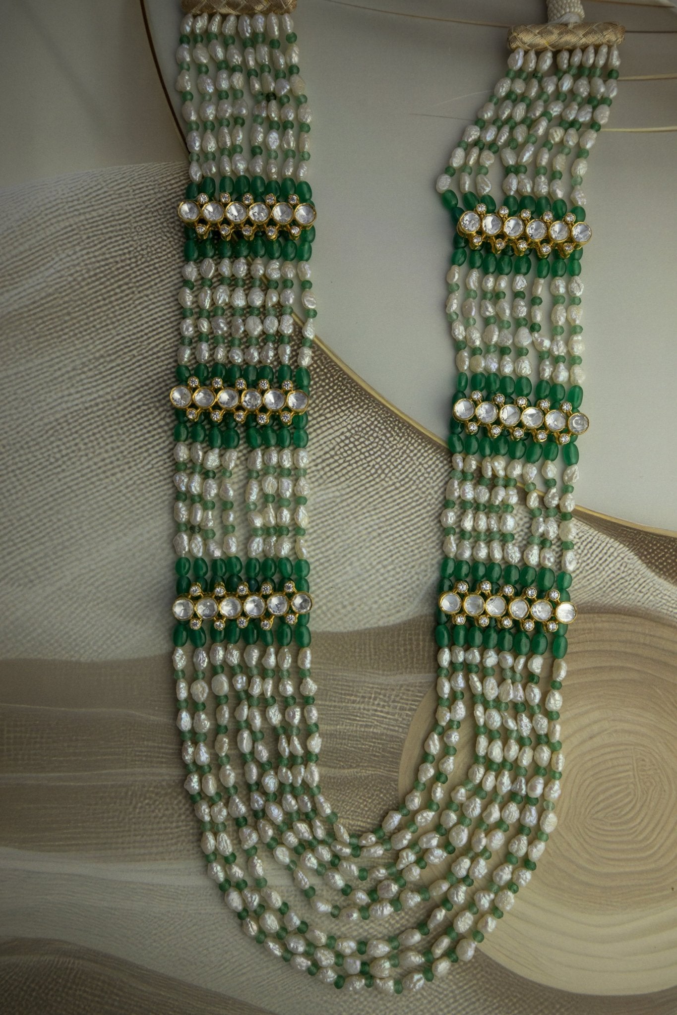 Multi - Strand Rice Pearl & Emerald Green Mala - Miraura Jewels