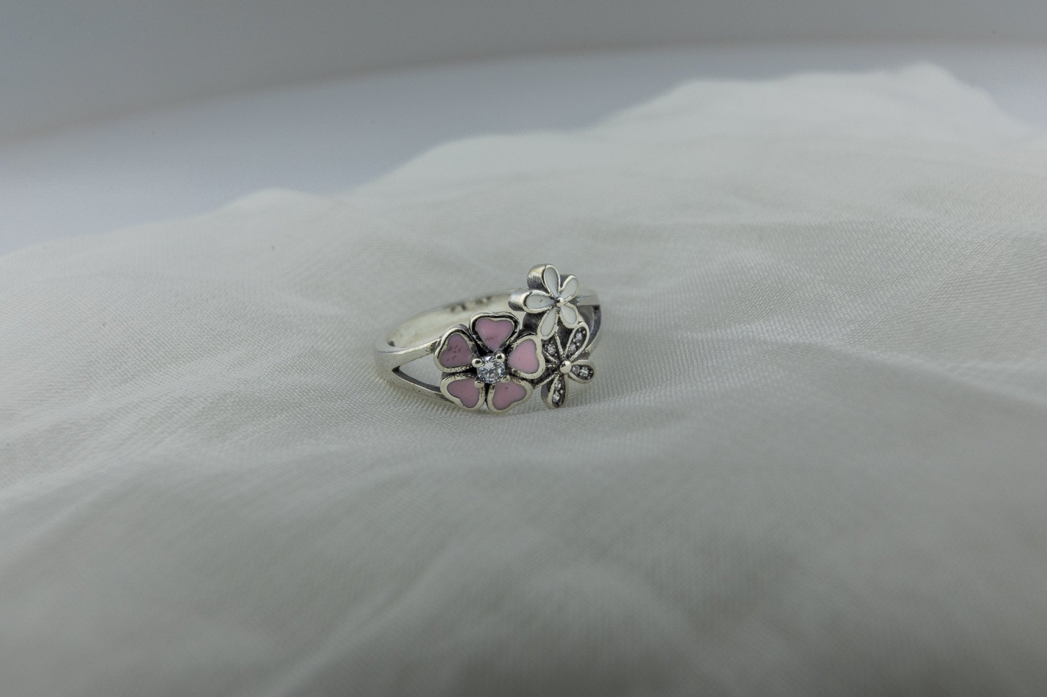 Oxidized Pink Enamel Floral Ring - Miraura Jewels