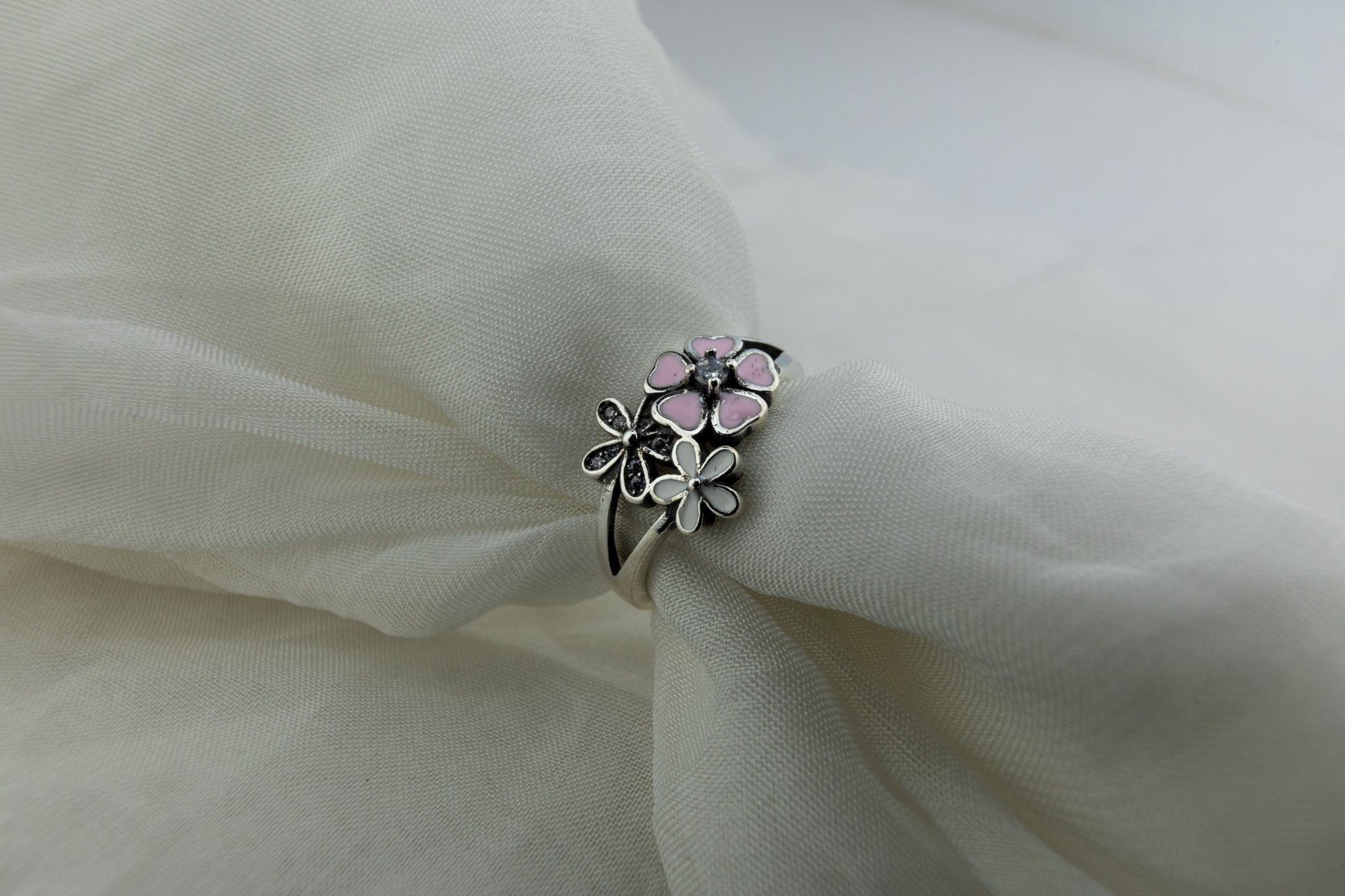Oxidized Pink Enamel Floral Ring - Miraura Jewels